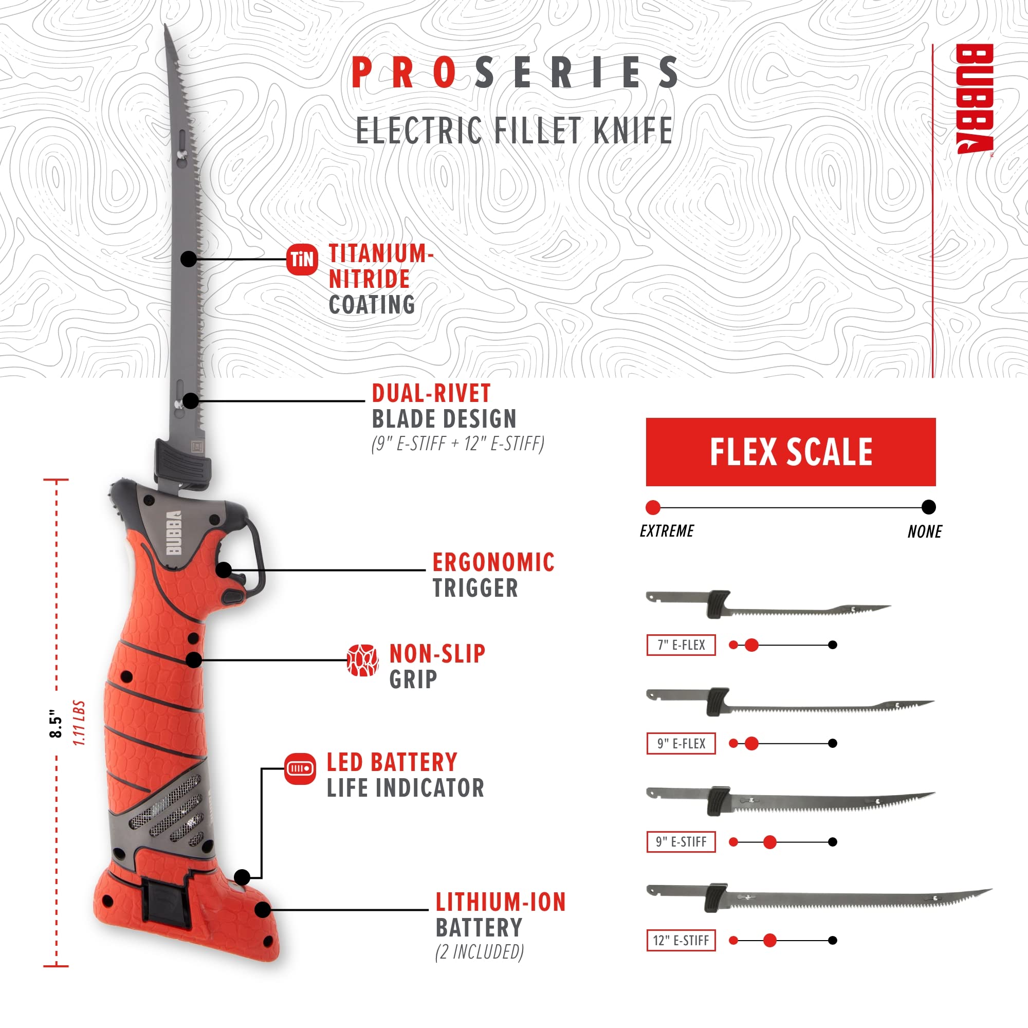 Bubba Pro Series Lithium-Ion Electric Fillet Knife - Non-Slip Grip Handle, 4 Titanium Nitride Coated Stainless Steel Blades, Includes Charger & Case - Perfect for Fishing, Camping, and Outdoor Cooking