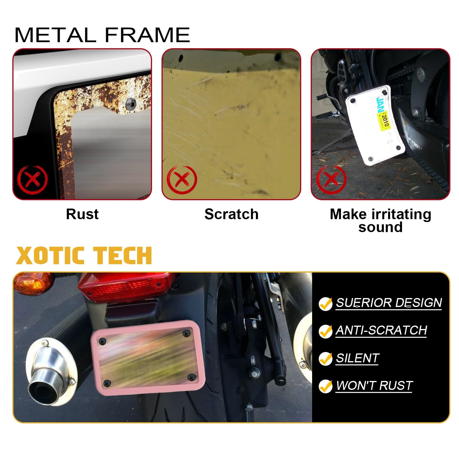 Xotic Tech Motorcycle Silicone License Plate Frame - Rustproof, Rattleproof, Weatherproof Motorbike Plate Holder (Pink, 7.56