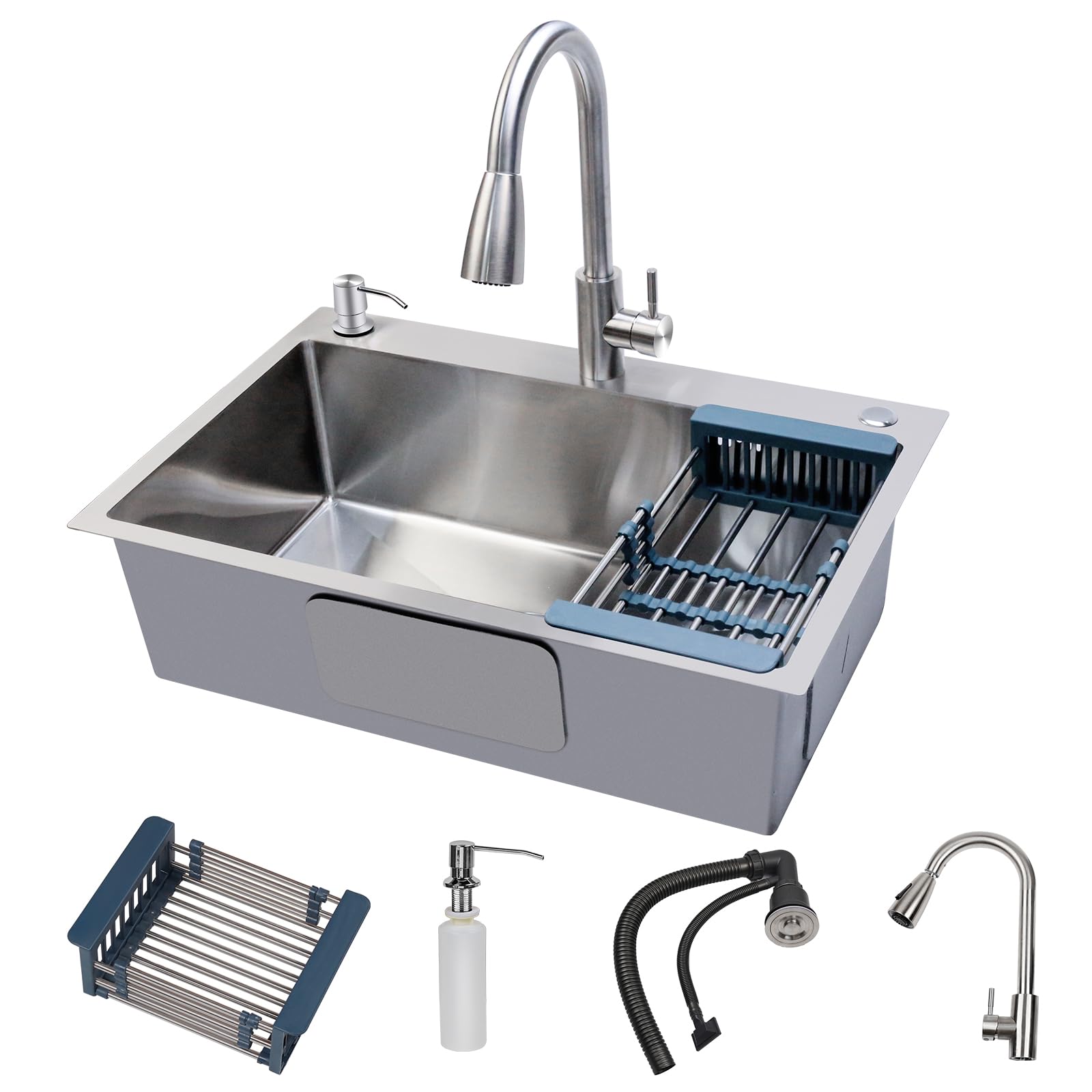 28x17.7 Inch Undermount Stainless Steel Kitchen Sink with Faucet - 304 Single Bowl Drop-in Sink with Integrated Ledge & Accessories (6 Pack) - Perfect for Modern Kitchens, Restaurants & Food Prep Stations