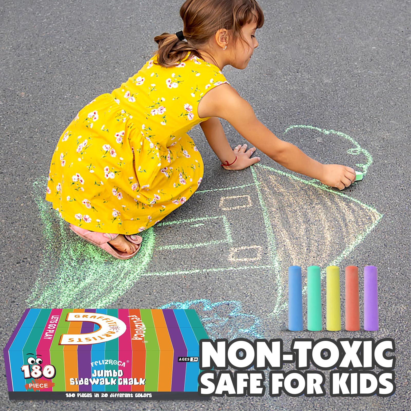 180PCS Washable Sidewalk Chalk Set - 20 Vibrant Colors, Non-Toxic Jumbo Chalks for Kids & Toddlers - Outdoor Pavement Drawing, Driveway Art, Birthday Party Activities & Summer Fun