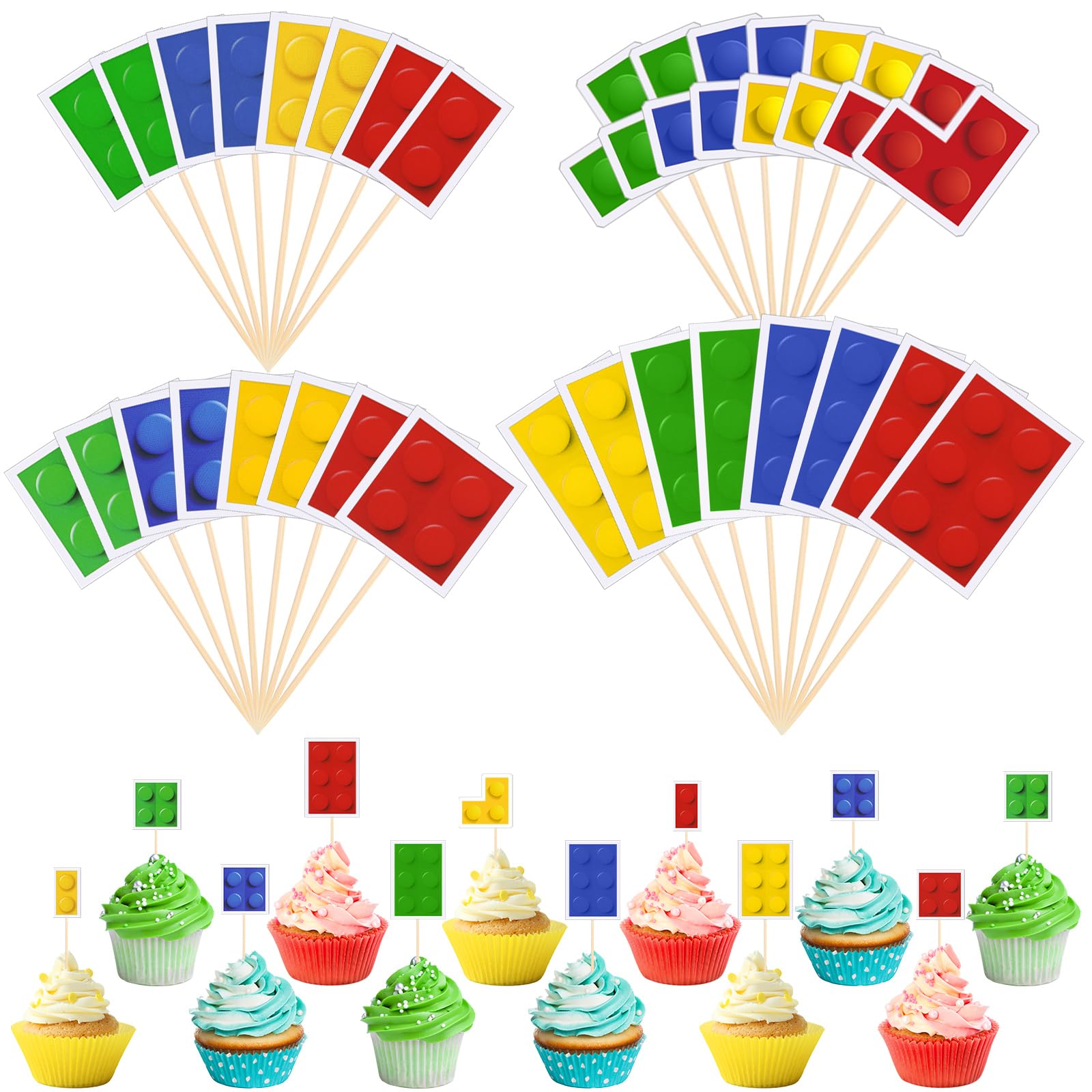 48-Piece Colorful Building Block Cupcake Toppers - Fun Lego-Inspired Party Decorations for Adults, Kids Birthday, Baby Shower & Themed Celebrations - Perfect for Cake Decor, Dessert Displays & DIY Party Favors