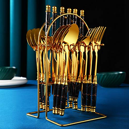 24-Piece Stainless Steel Silverware Flatware Set - Knife, Fork & Spoon with Ceramic Anti-Scald Handles & Storage Shelf - Elegant Gift Box (Black) - Perfect for Dining, Parties, and Home Decor
