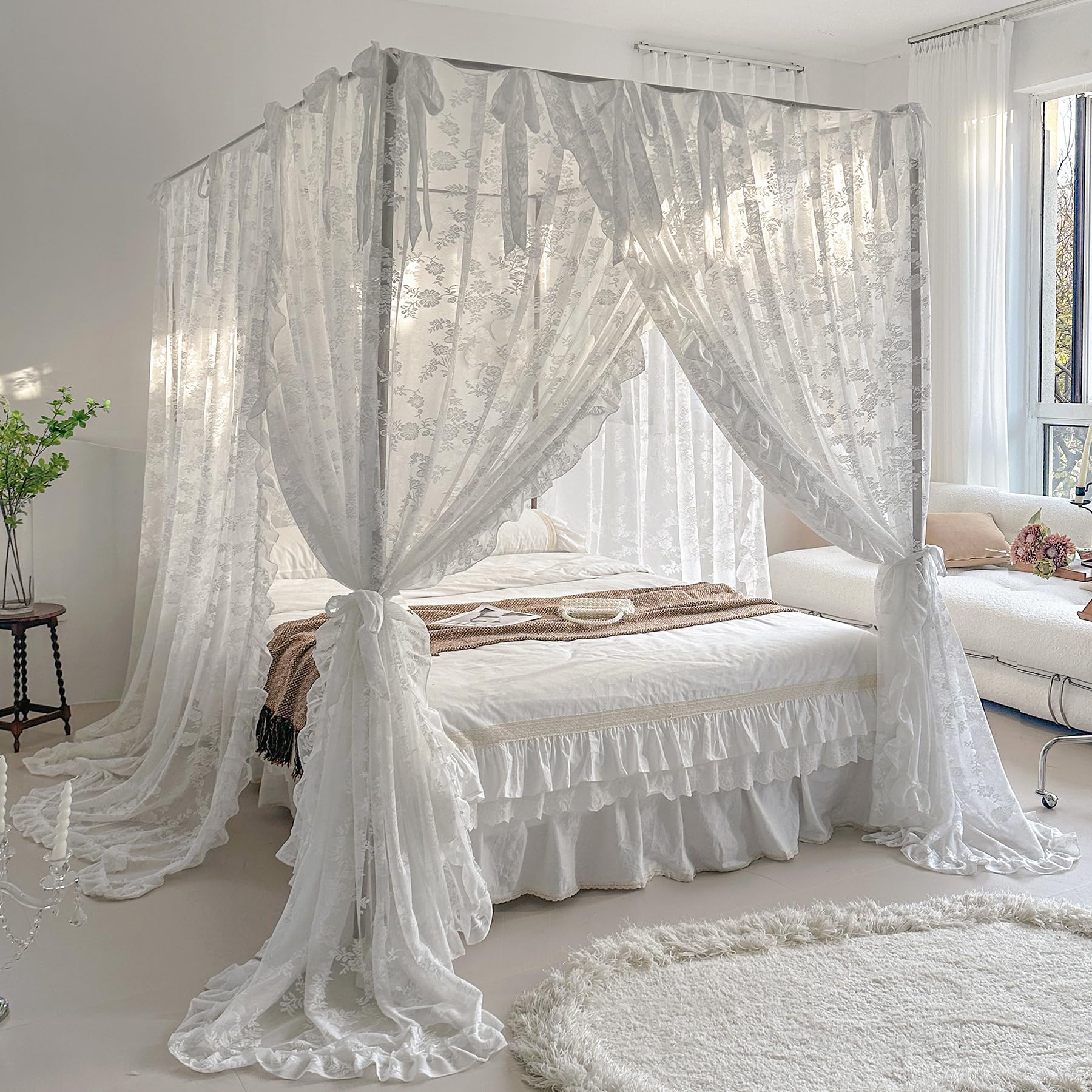 Elegant White Sheer Canopy Bed Curtains with Tie Backs - Bedroom Decor Drapes for Queen/King Size Beds | Perfect for Romantic Bedroom Makeover, Wedding Decor & Boho Chic Style