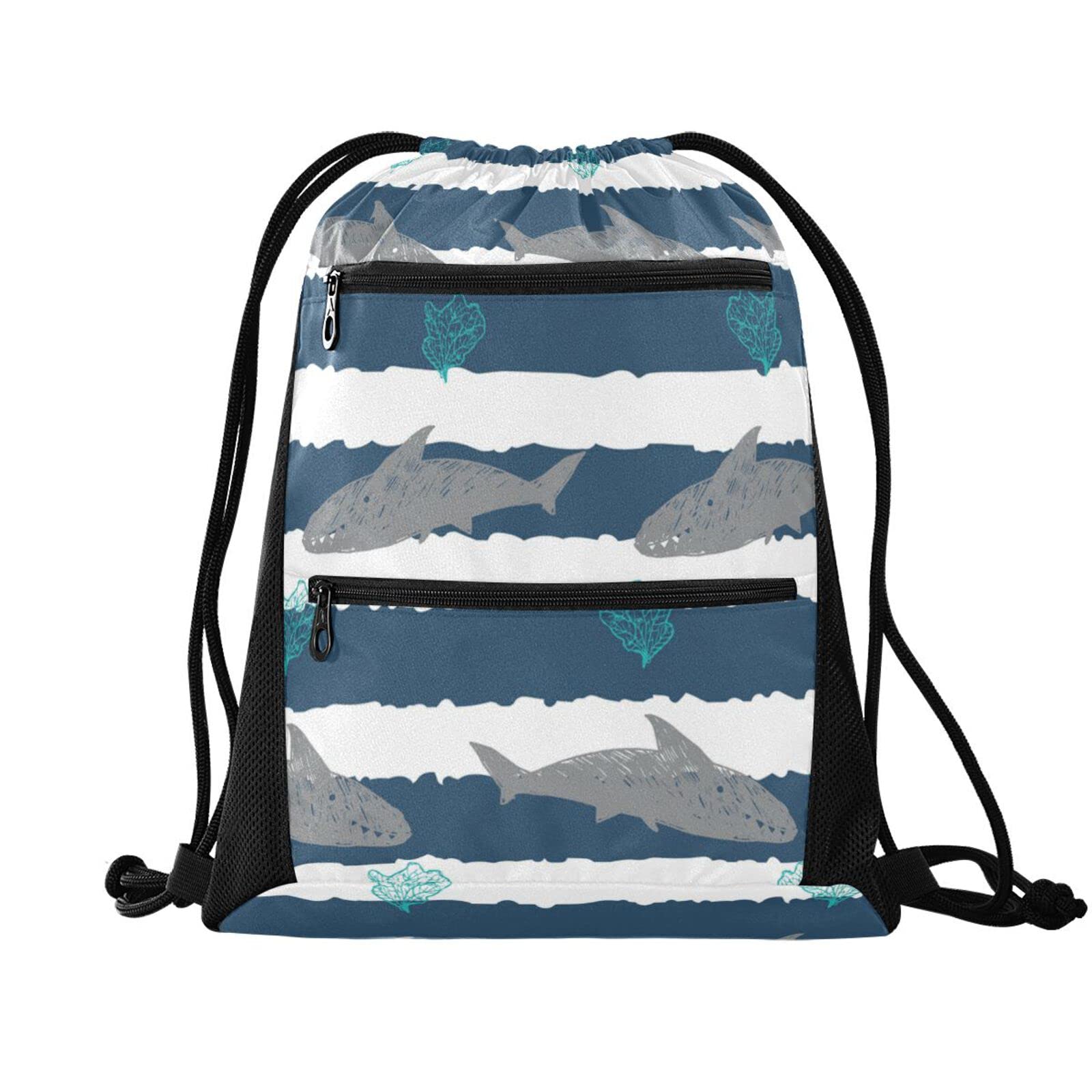 Blue Stripes Shark Gym Drawstring Backpack with Zipper Pocket - Lightweight Sports Sack for Workout, Training & Travel | Perfect for Gym, Running & Outdoor Activities