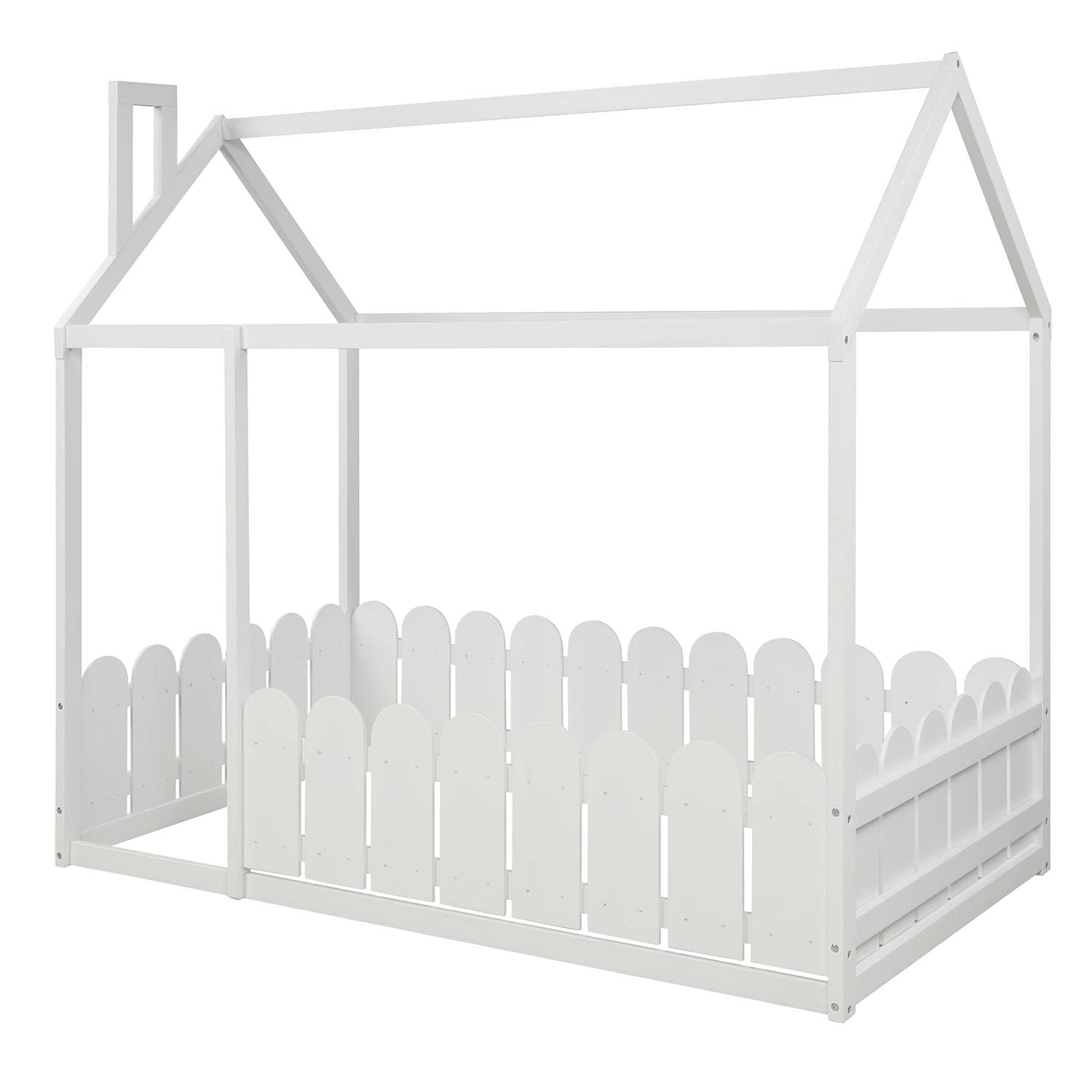 Twin Size House Bed Frame with Roof & Fence for Kids - White Wooden Canopy Bed (78.7
