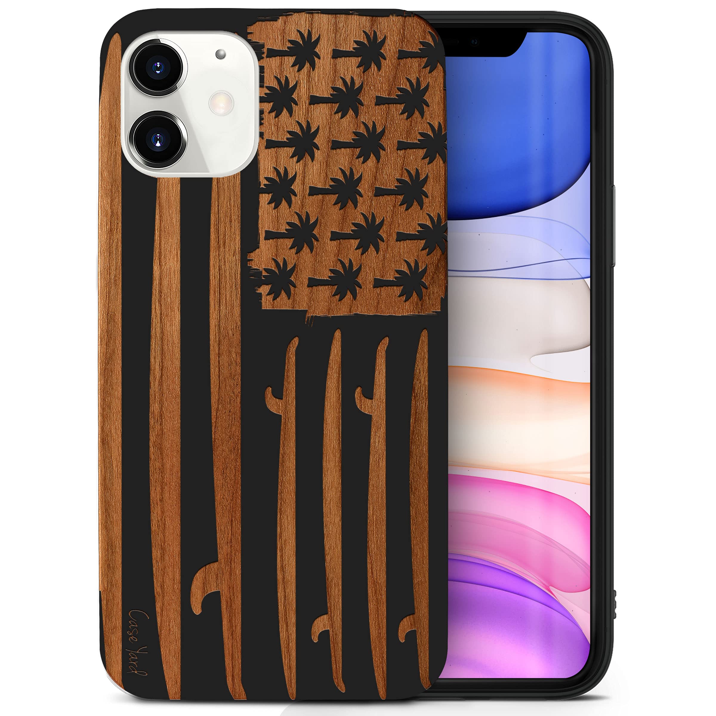 CaseYard Wood Phone Case for iPhone 11 - Laser Engraved Surfing Flag Design, Black Wood Protective Cover | Shockproof & Slim Fit for Men & Women | Perfect for Outdoor Adventures & Daily Use