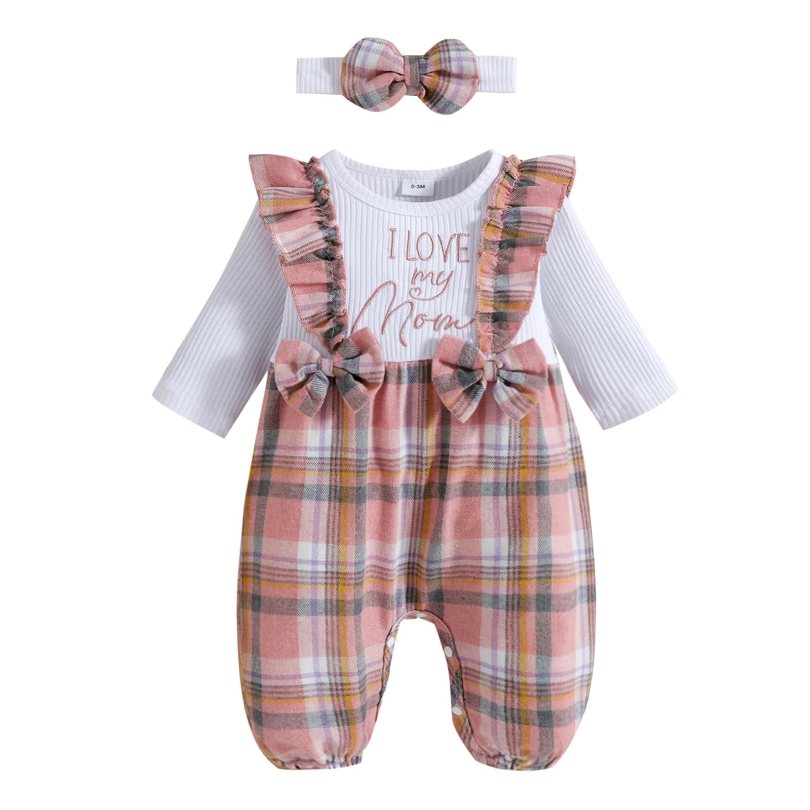 FOCUSNORM Newborn Baby Long Sleeve Jumpsuit - Plaid Letter Print Romper with Bow Headband | Soft Cotton Infant Outfit for Photoshoots, Parties & Daily Wear