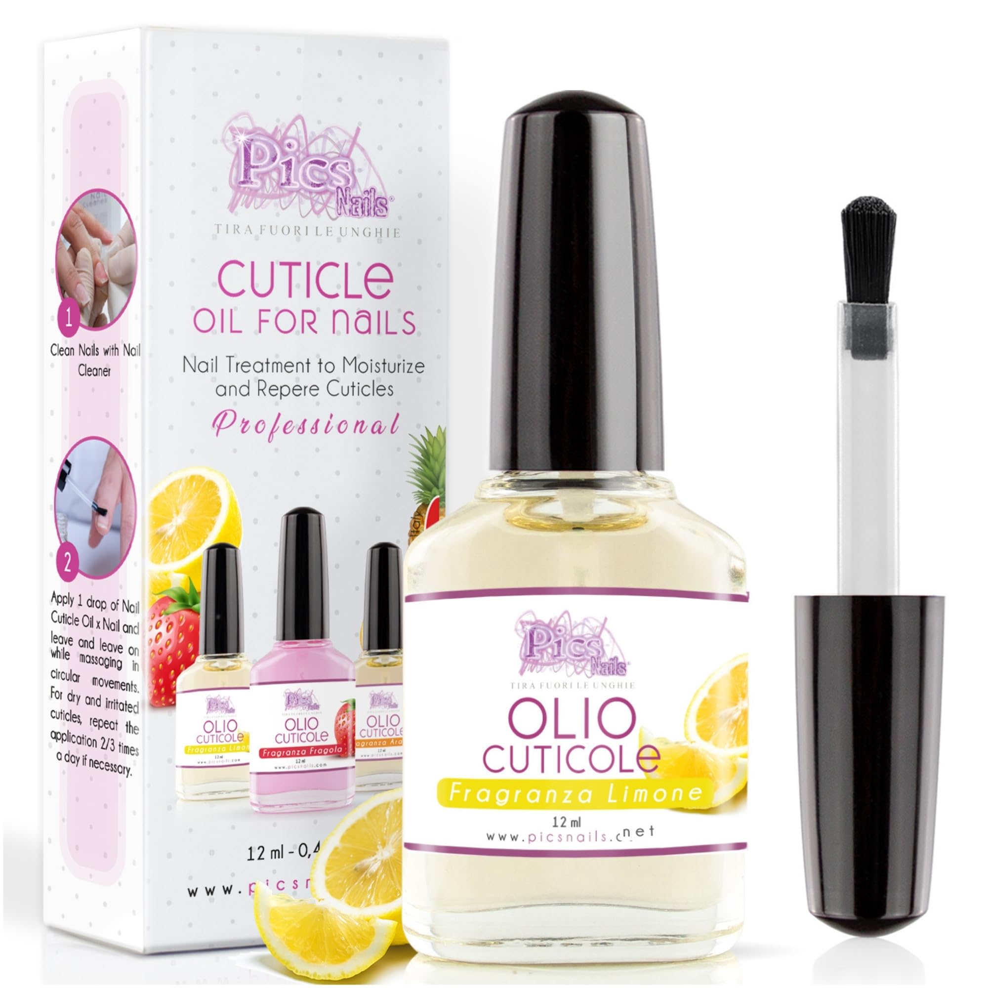 Pics Nails Professional Lemon Cuticle Oil with Brush Applicator - 12ML Nail & Cuticle Treatment with Sunflower Seed Oil - Cuticle Softener & Repair for Healthy Nails - Perfect for Home Manicures & Salon Nail Care