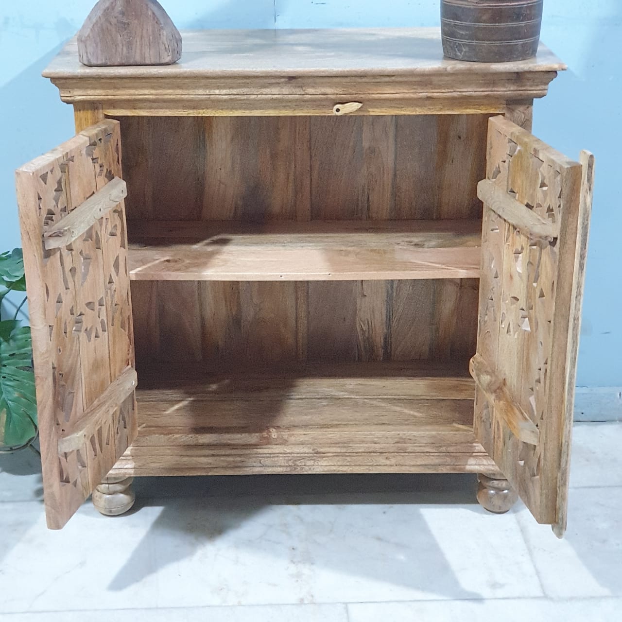 Handcrafted Elephant Carved Solid Wood Buffet Cabinet - 35.4x15.7x35.4 Inches Brown - Perfect for Dining Room Storage & Rustic Home Decor