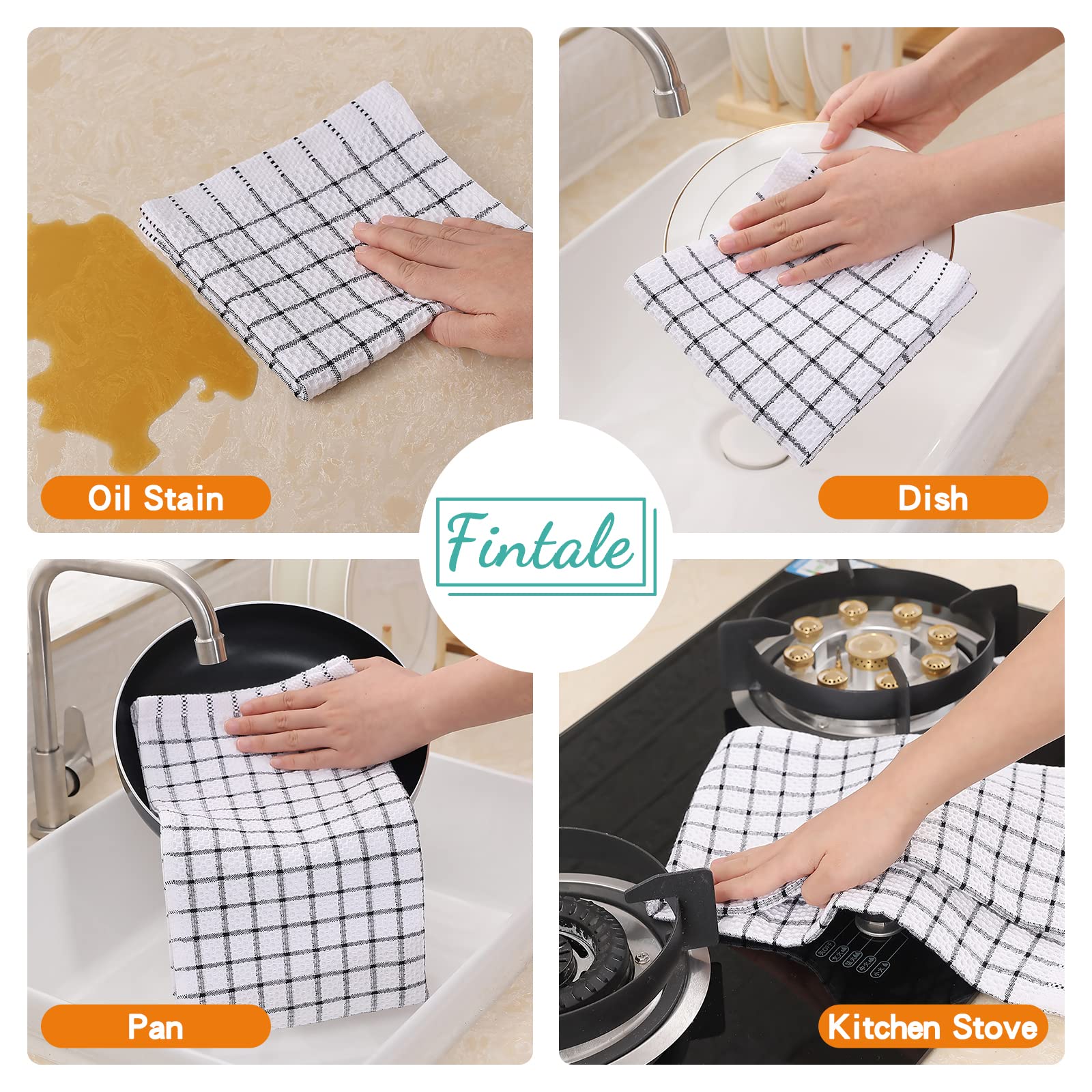 Fintale Cotton Dish Cloths - Super Absorbent Kitchen Towels for Drying & Washing Dishes - 6 Pack (Black) - Home & Restaurant Use