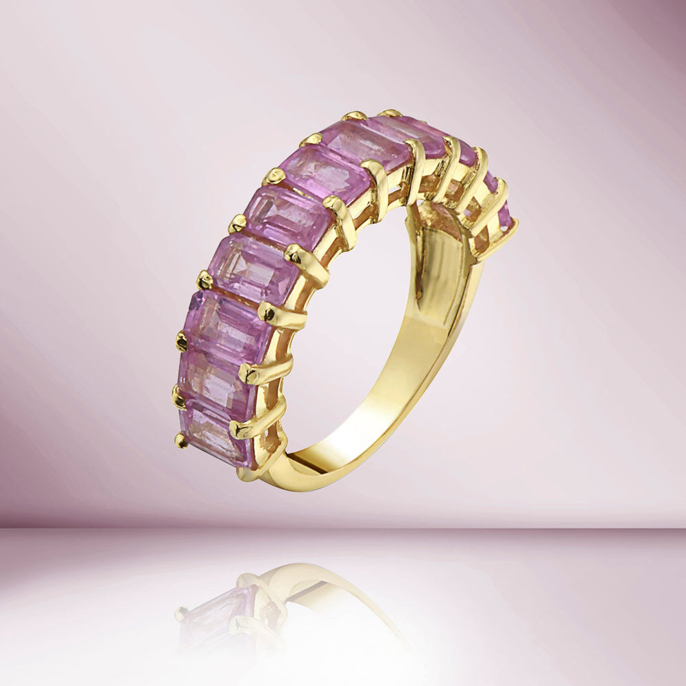 14K Gold Emerald Cut Pink Sapphire Halfway Eternity Band Ring - 4.50ct Genuine Gemstone Wedding Ring for Women, Anniversary Gift, Bridal Jewelry | Perfect for Engagement, Valentine's Day & Special Occasions