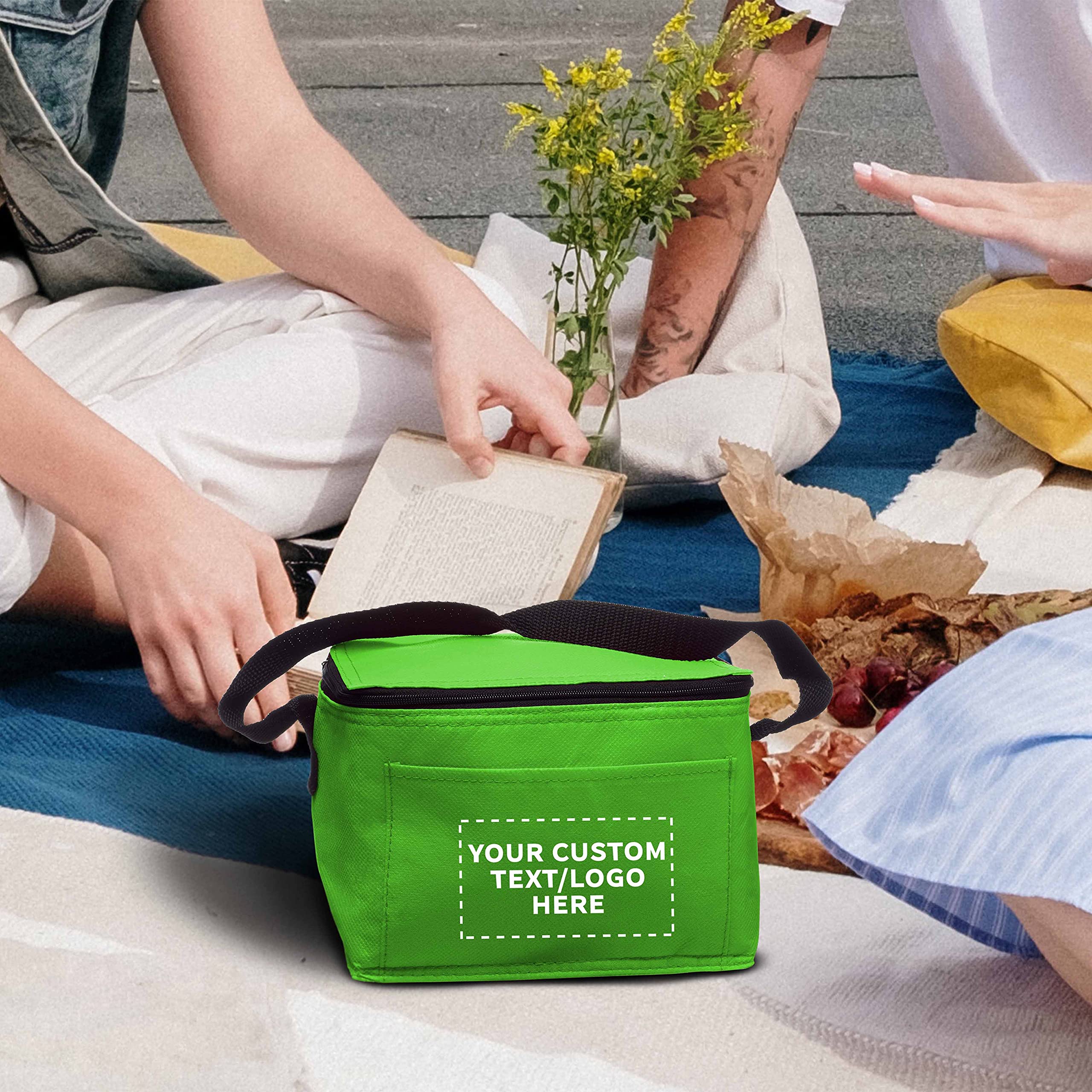 50 Pack Insulated Lunch Bags with Zipper Top - Custom Text & Logo Printing - Non-Woven Fabric, Vibrant Colors & Black Strap - Perfect for Office, School, Picnics & Meal Prep - Lime Green