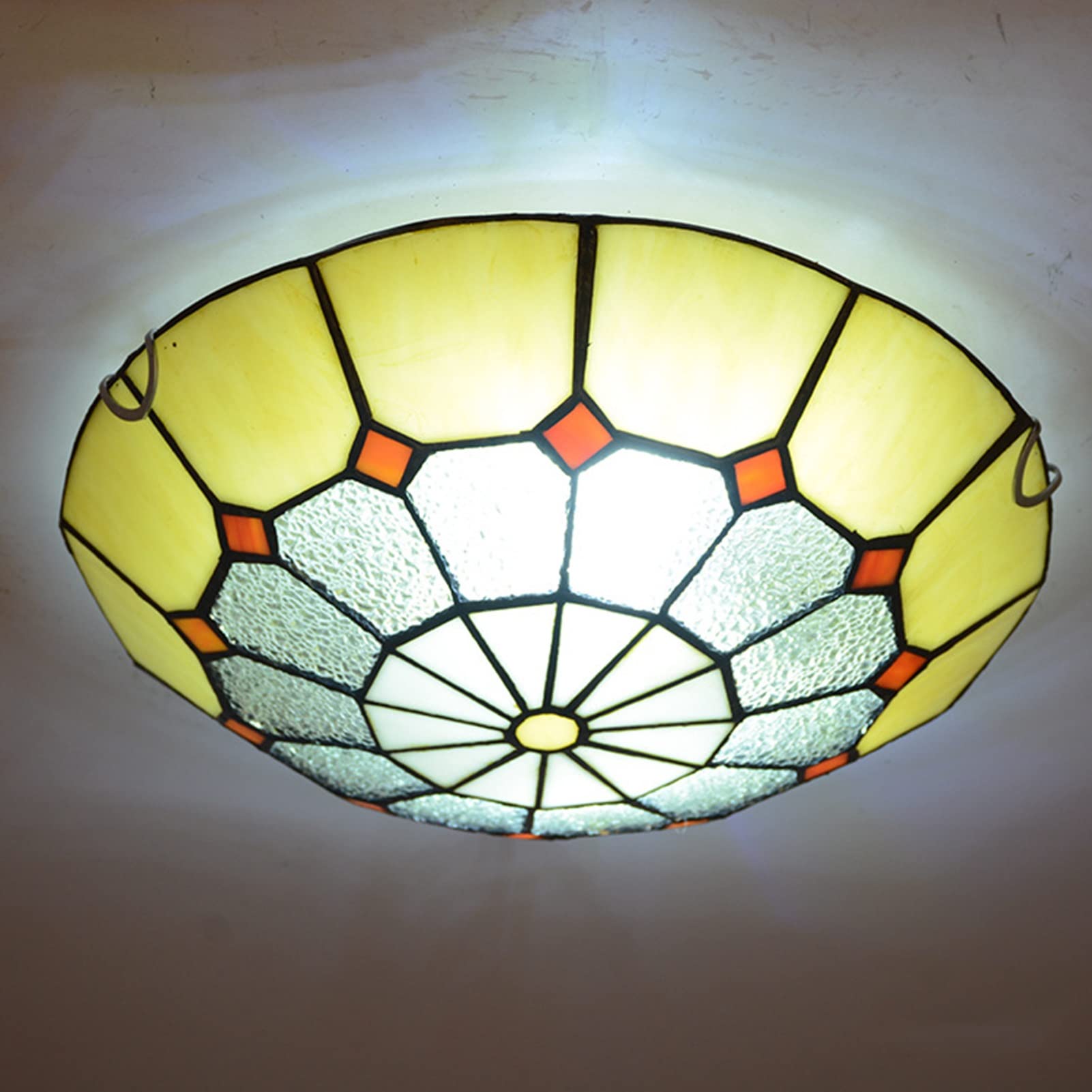 BIAJIAZHUA Tiffany Ceiling Lamp - 12 Inch Mediterranean Stained Glass Handmade Dining Table Light Fixture with Adjustable Color Temperature for Living Room, Kitchen & Bedroom | Art Deco Home Decor in Yellow