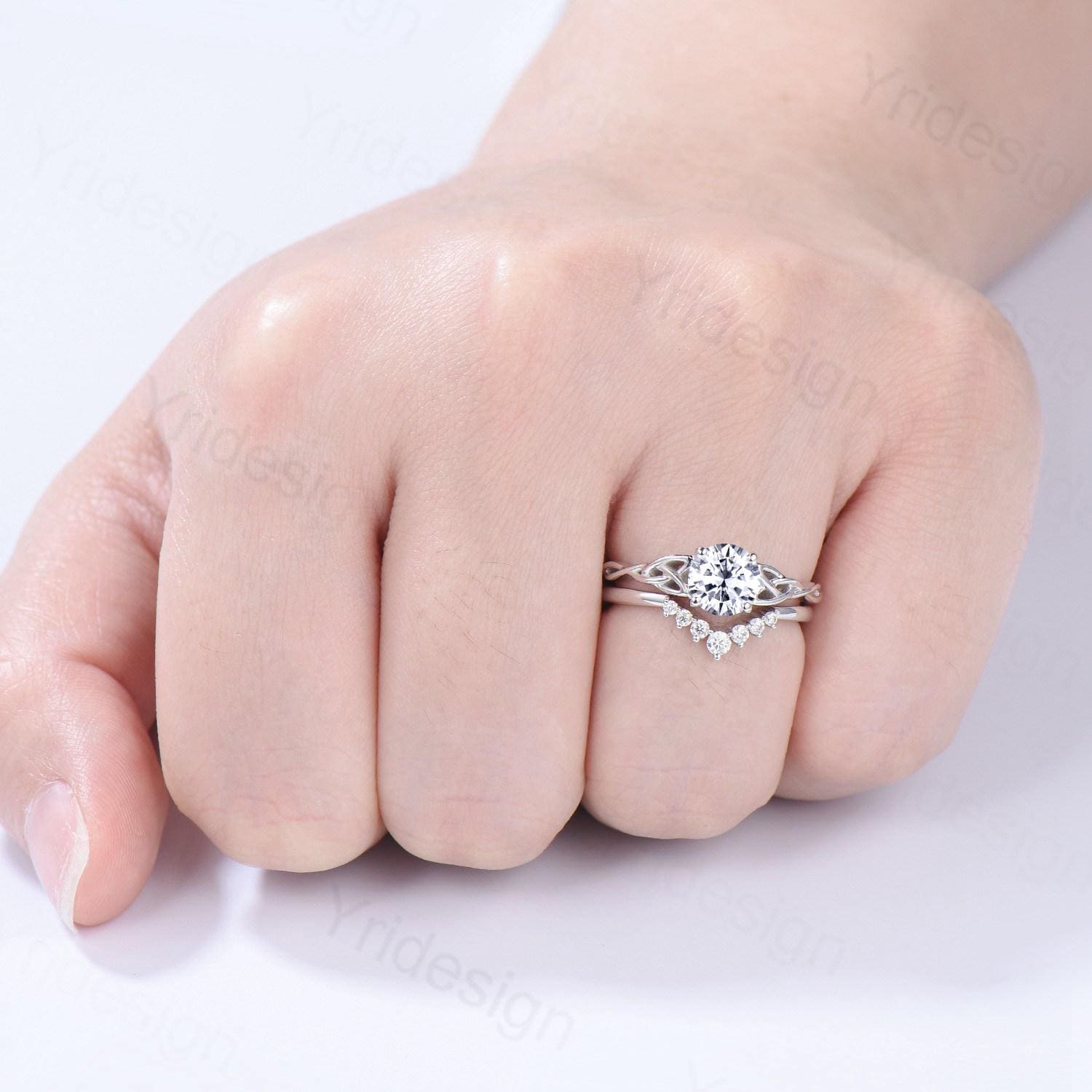 Celtic Love Moissanite Bridal Ring Set - 14K White Gold Elegant Twisted Norse Viking Wedding Band - Lab Grown Diamond Engagement Ring for Women - Handmade Jewelry Gift for Anniversary, Proposal & Special Occasions