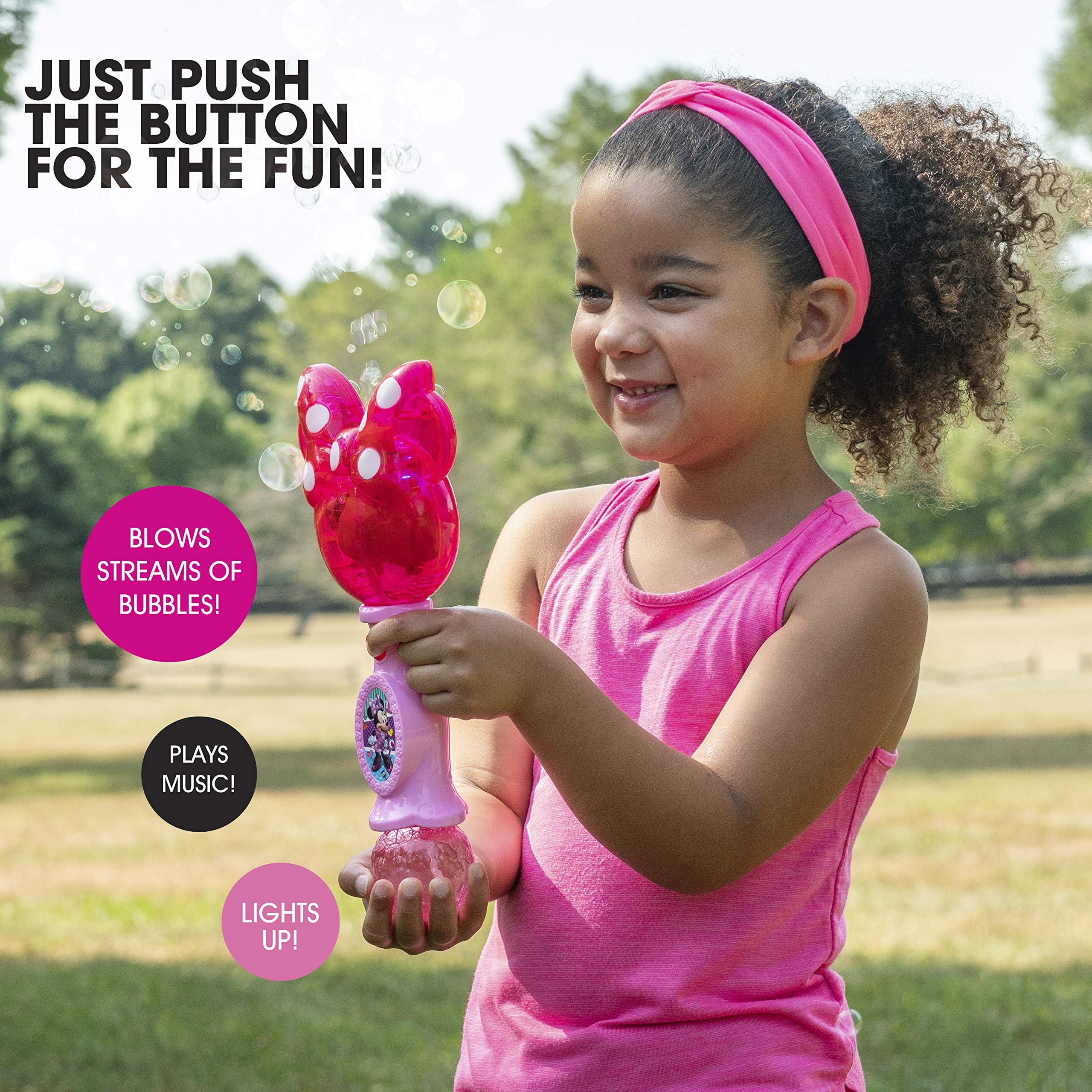 Disney Minnie Mouse Light Up Bubble Wand with Music & Sound Effects - Includes Bubble Solution - Fun Outdoor Toy for Toddlers & Kids - Perfect for Birthday Parties, Parks & Playtime
