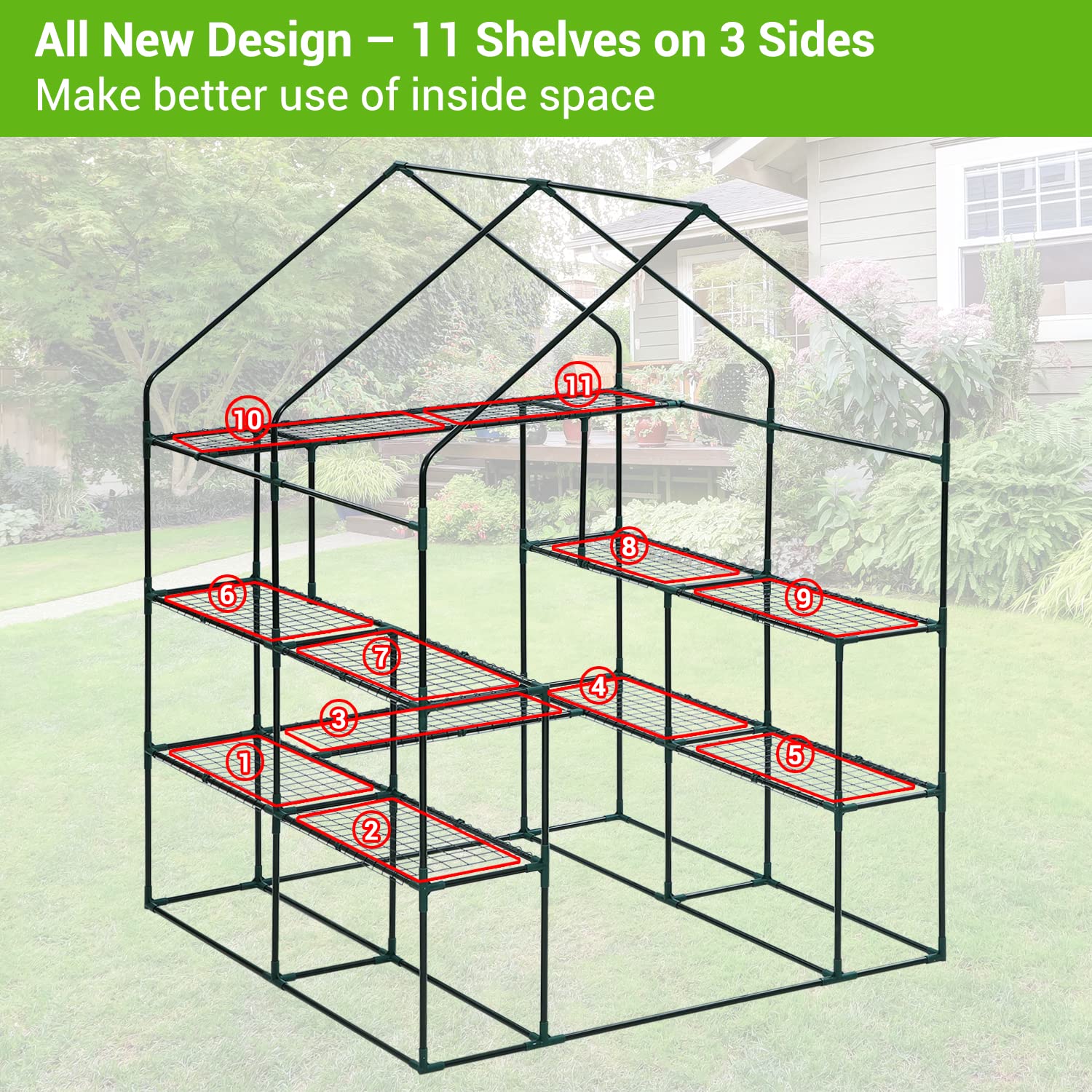 Ohuhu Upgraded 4-Tier 11-Shelf Walk-In Greenhouse for Outdoors with Screen Windows - Durable PE Cover, Ground Pegs & Ropes for Stability - Perfect for Gardening, Plant Protection & Outdoor Storage