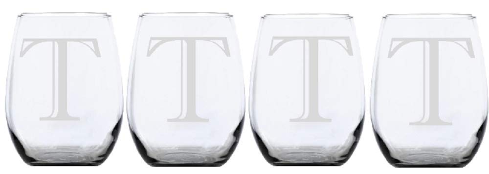 Personalized Stemless Wine Glasses 4pk - Monogrammed with Letter T for Parties & Gifts