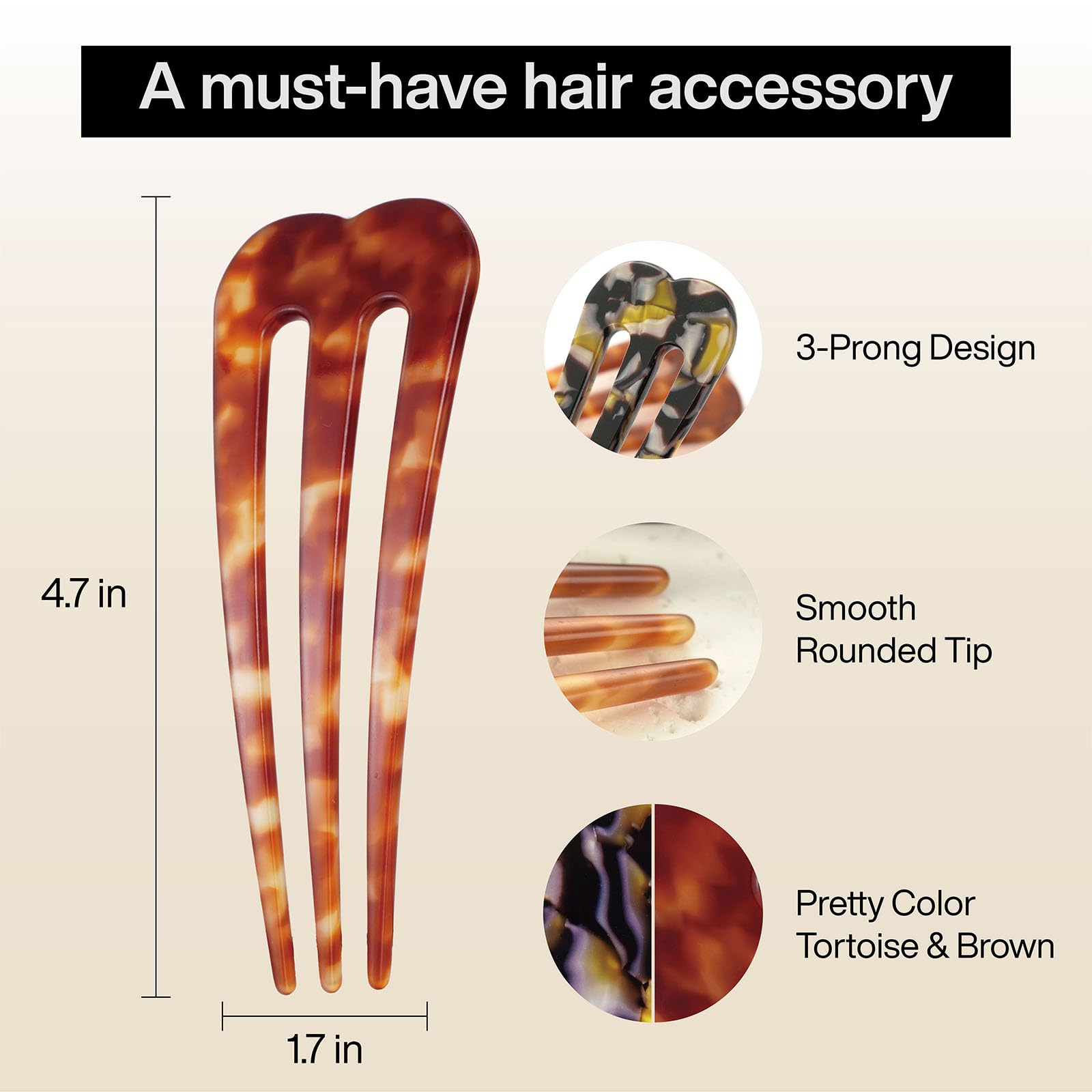 Large French Hair Pins for Women - 3-Prong U-Shaped Hair Forks for Thick Hair | French Twist & Updo Hair Sticks for Buns | 2-Piece Set (Tortoise Brown) | Perfect for Weddings, Prom & Everyday Hairstyles