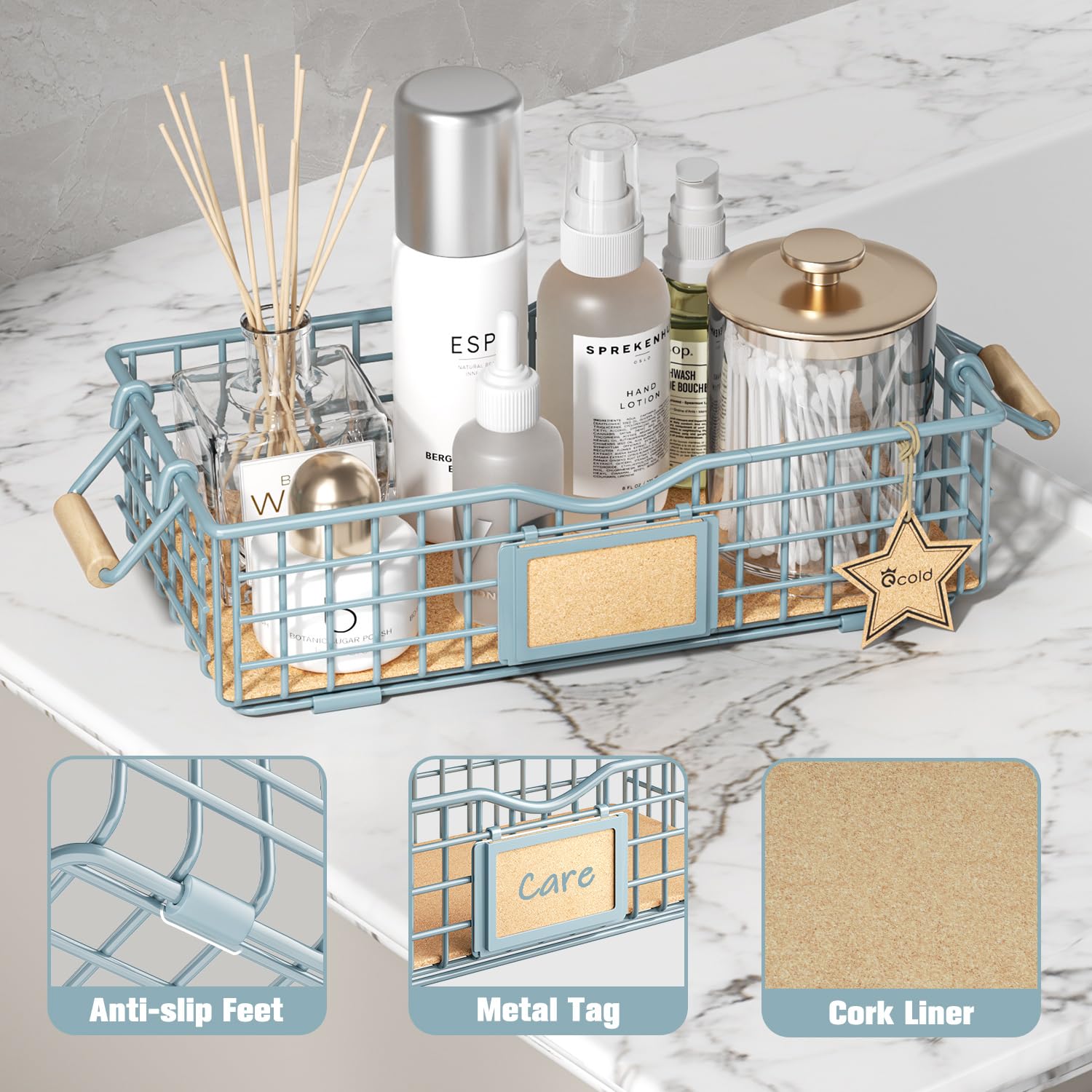 Bathroom Organizer Basket with Handle - Home Storage & Decor - Vanity Tray for Skincare & Makeup - Countertop Organizer for Bathroom Essentials - Blue - Perfect for Spa Days & Clutter-Free Vanity