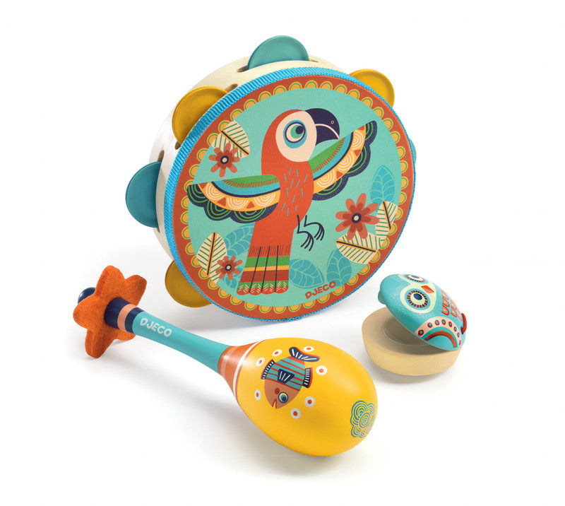 Animambo Set of 3 Musical Instruments for Kids - Djeco Wooden Percussion Toys for Toddlers - Perfect for Early Childhood Music Education & Playtime Fun