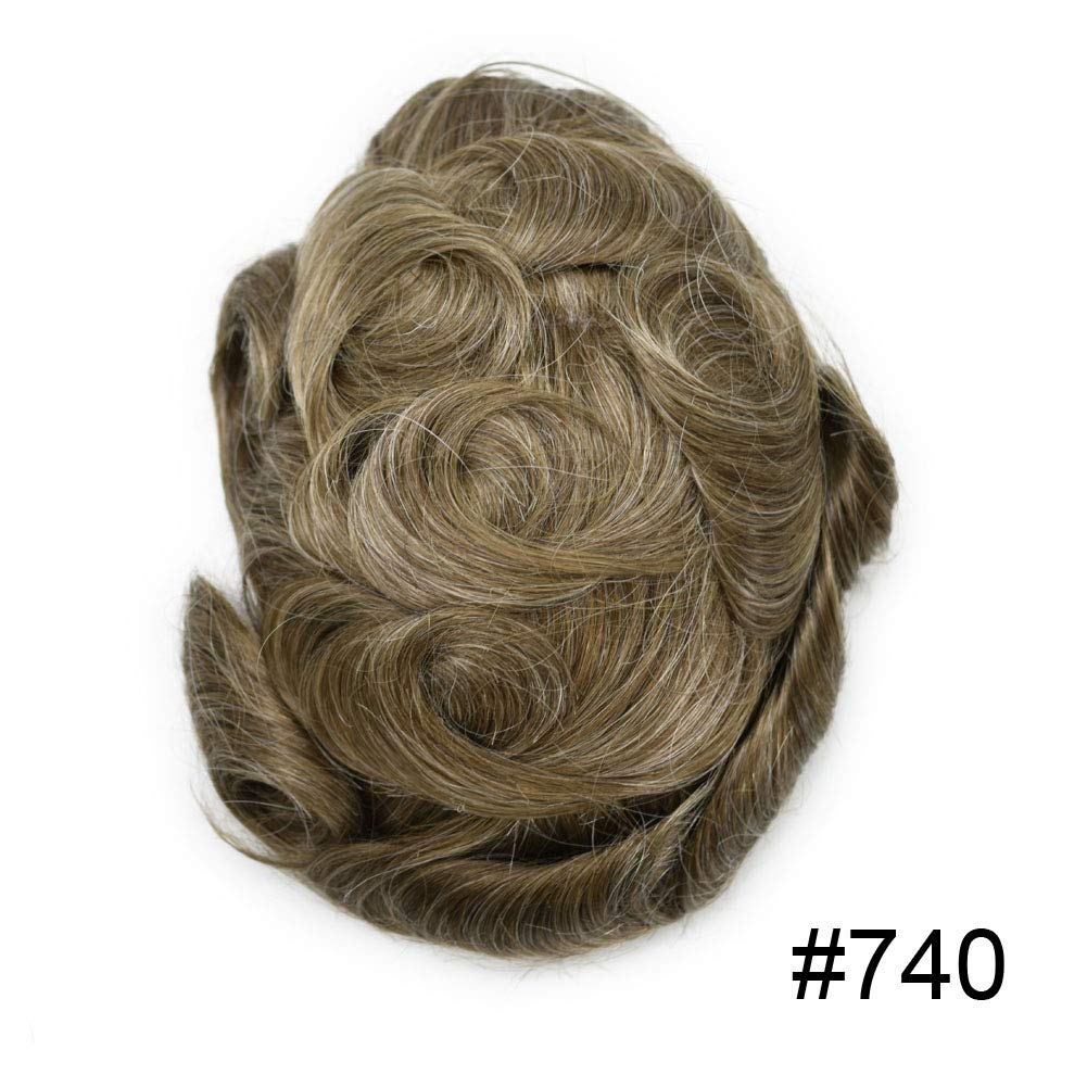 100% European Human Hair Toupee for Men - 0.12mm Thin Skin V-looped Hair Replacement System with Durable Poly Base (7