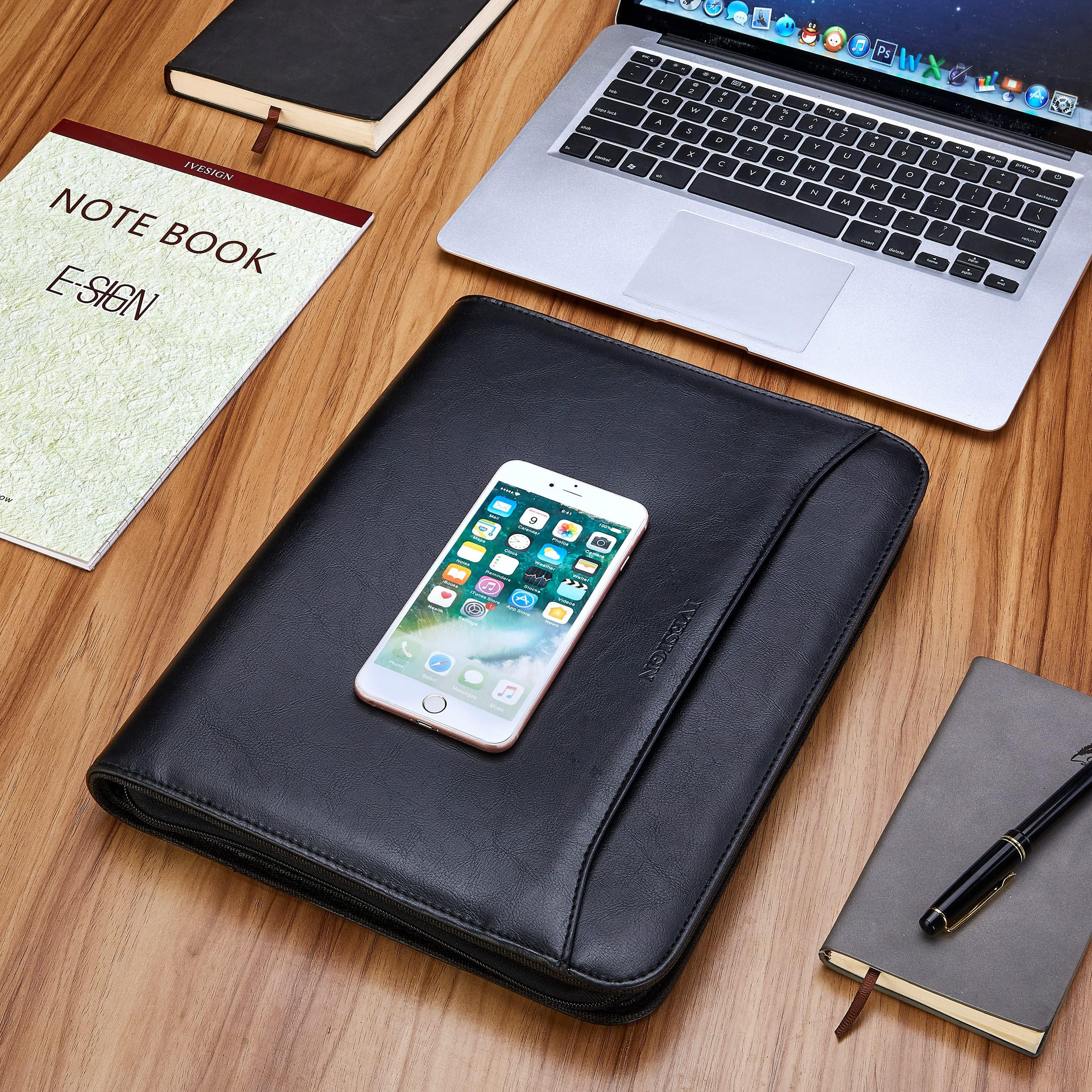 IVESIGN Zippered Padfolio Binder - Faux Leather 3-Ring Organizer with Business Card Slots & Document Folders | Left-Handed Design for Professionals | Perfect for Office, Meetings & Business Travel (Black)
