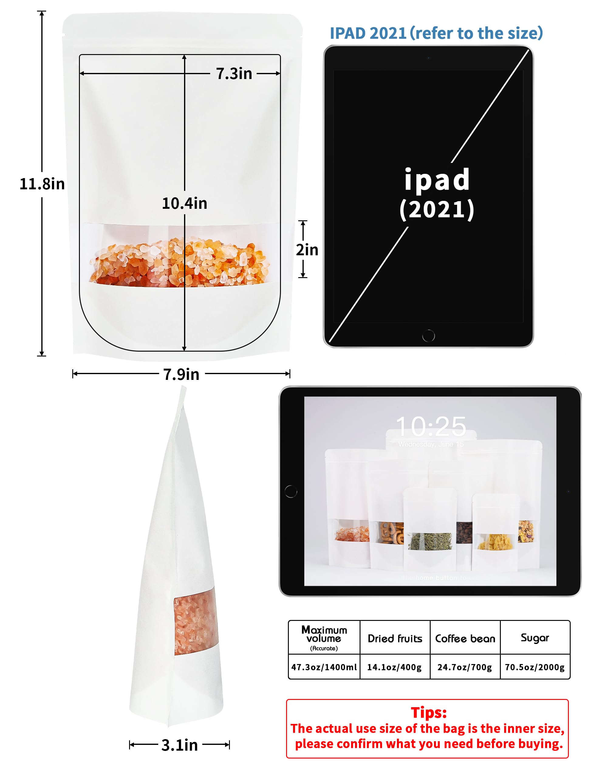 100 Pcs White Kraft Paper Bags with Window, 7.9
