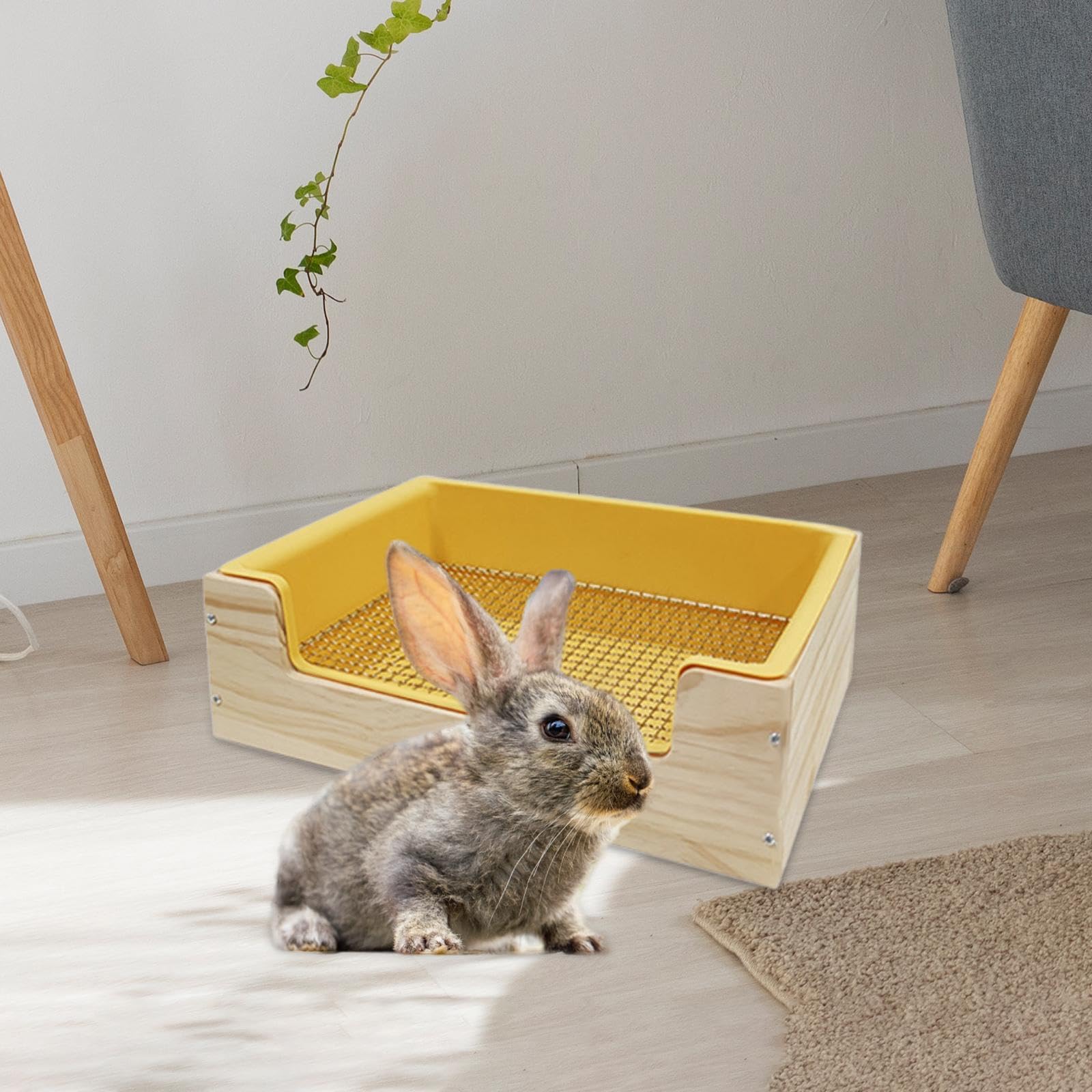2 in 1 Wooden Rabbit Hay Feeder & Litter Box - Guinea Pig Hay Holder with Toilet Pan for Rabbits, Hamsters, Small Pets - Yellow (Perfect for Cage Setup & Easy Cleaning)