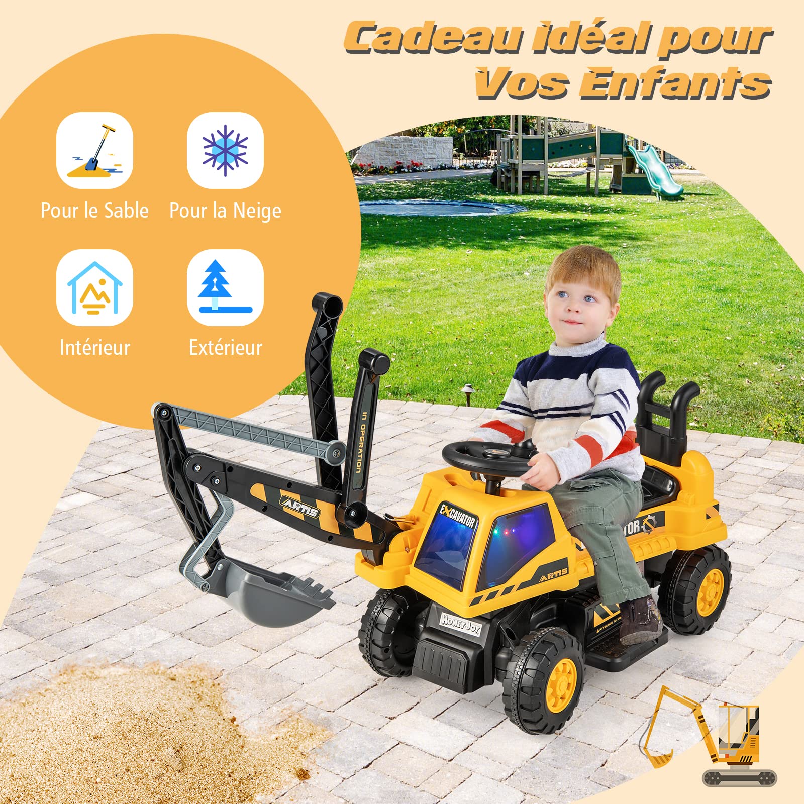 COSTWAY 6V Kids Ride-On Electric Backhoe Loader Toy with Rotating Seat, Shovel, LED Lights & Music | 25kg Capacity | Hidden Storage | Excavator Toy for Boys & Girls Ages 3+ (Yellow) | Perfect for Outdoor Play, Sandbox Fun & Construction Pretend Play