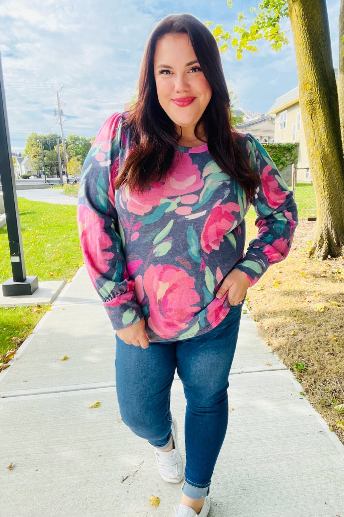 Navy Floral Brushed Hacci Sweater Top for Women - Soft Comfortable Knit Pullover for Fall & Winter | Perfect for Casual Outings, Office Wear & Date Nights