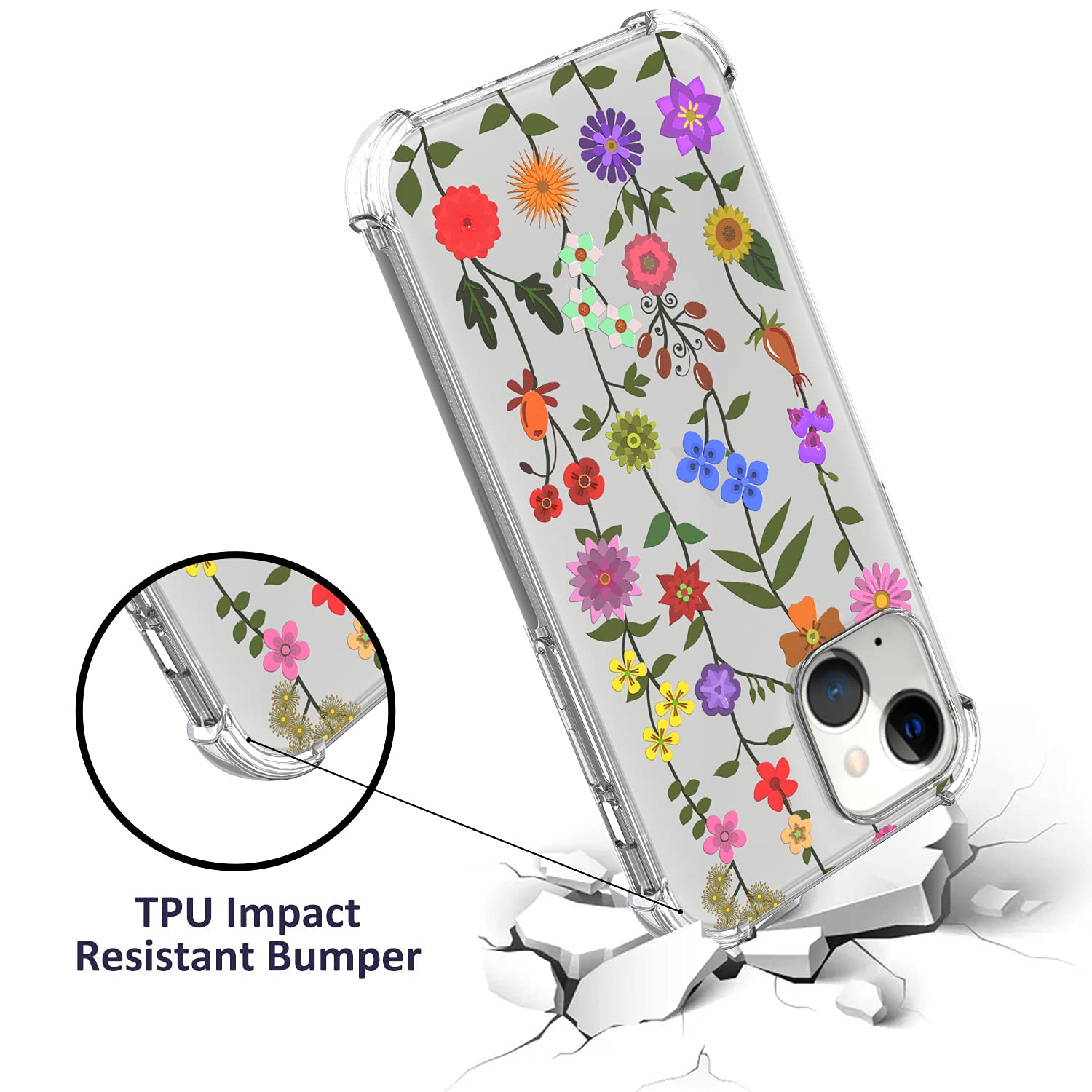 CoverON Slim Flexible TPU Clear Phone Case for Apple iPhone 13 - Flower Garden Design | Perfect for Everyday Protection & Style