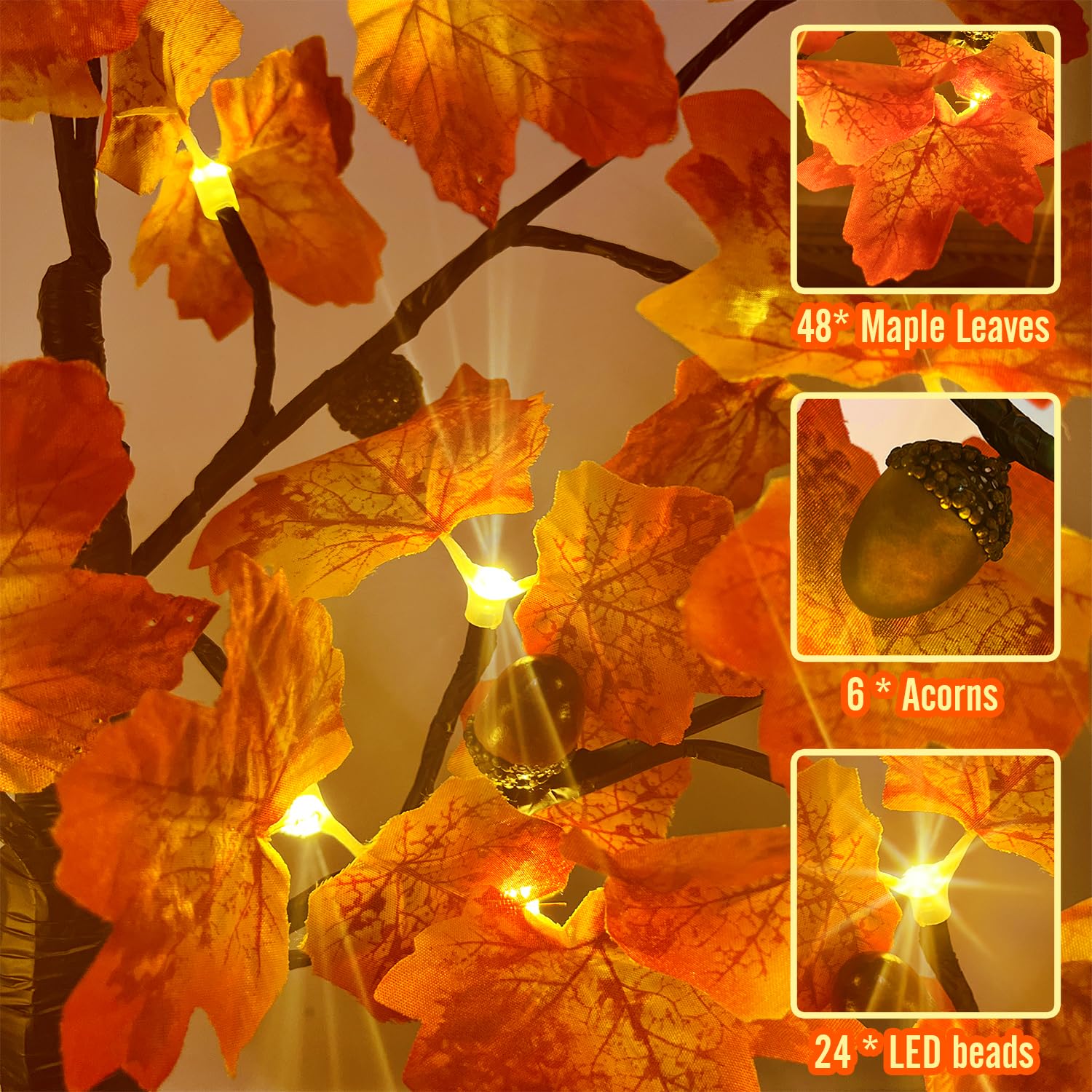 2FT LED Lighted Fall Tree with Dimmable Timer - Artificial Maple Tabletop Tree for Home Decor, Thanksgiving & Autumn Season - Perfect for Living Room, Porch, and Holiday Centerpiece Decorations
