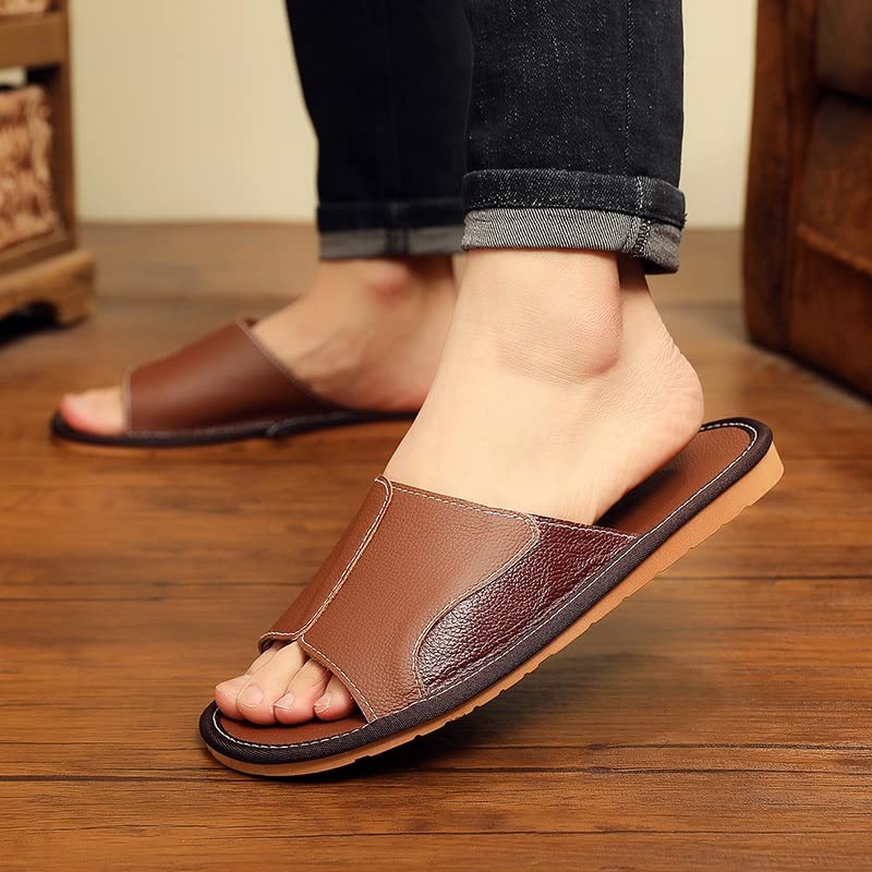 Men's Genuine Leather Open Toe Slippers - Comfortable Non-Slip House Shoes for Indoor & Outdoor Use - Breathable Summer Home Slippers (Color: Brown, Size 39/40) - Perfect for Lounging, Backyard Relaxation & Quick Errands