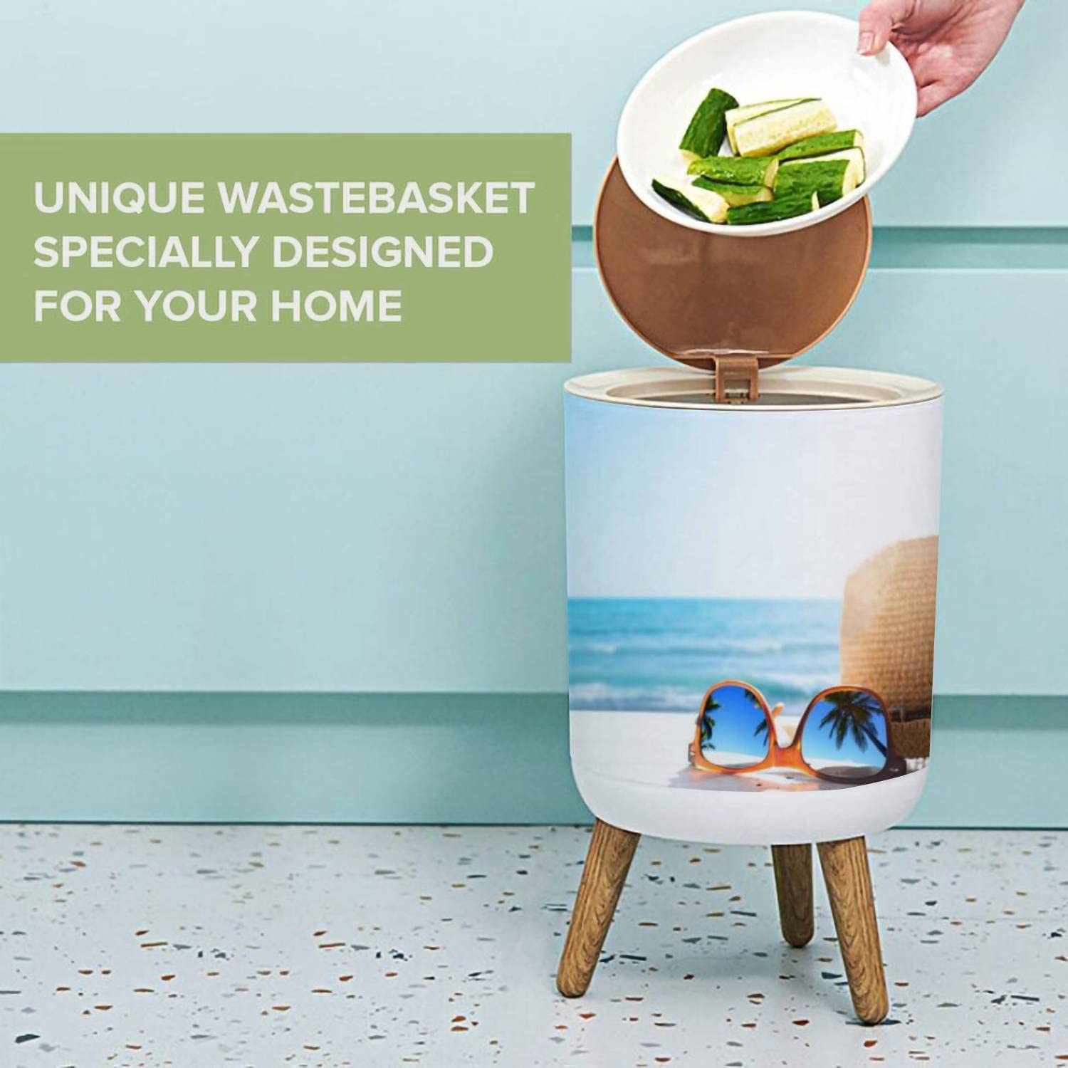 Small Trash Can with Lid - 1.8 Gallon Round Waste Bin with Press Cover, Dog Proof Garbage Bin for Kitchen, Bathroom & Living Room - Perfect for Summer Beach House Decor with Tropical Palm Tree Design