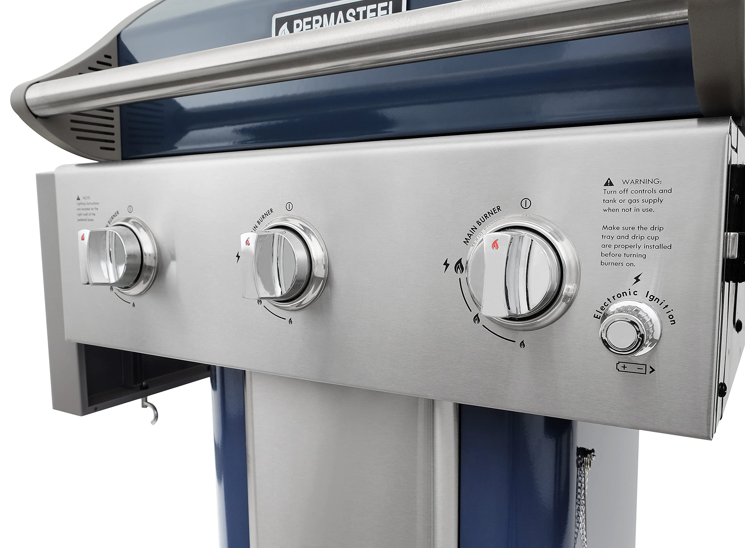 Premium Permasteel 3-Burner Propane Gas Grill - 30,000 BTU Outdoor BBQ Grill with Cast Iron Grates, Foldable Side Tables & Tool Hooks - Perfect for Backyard, Patio, and Camping - Azure Blue