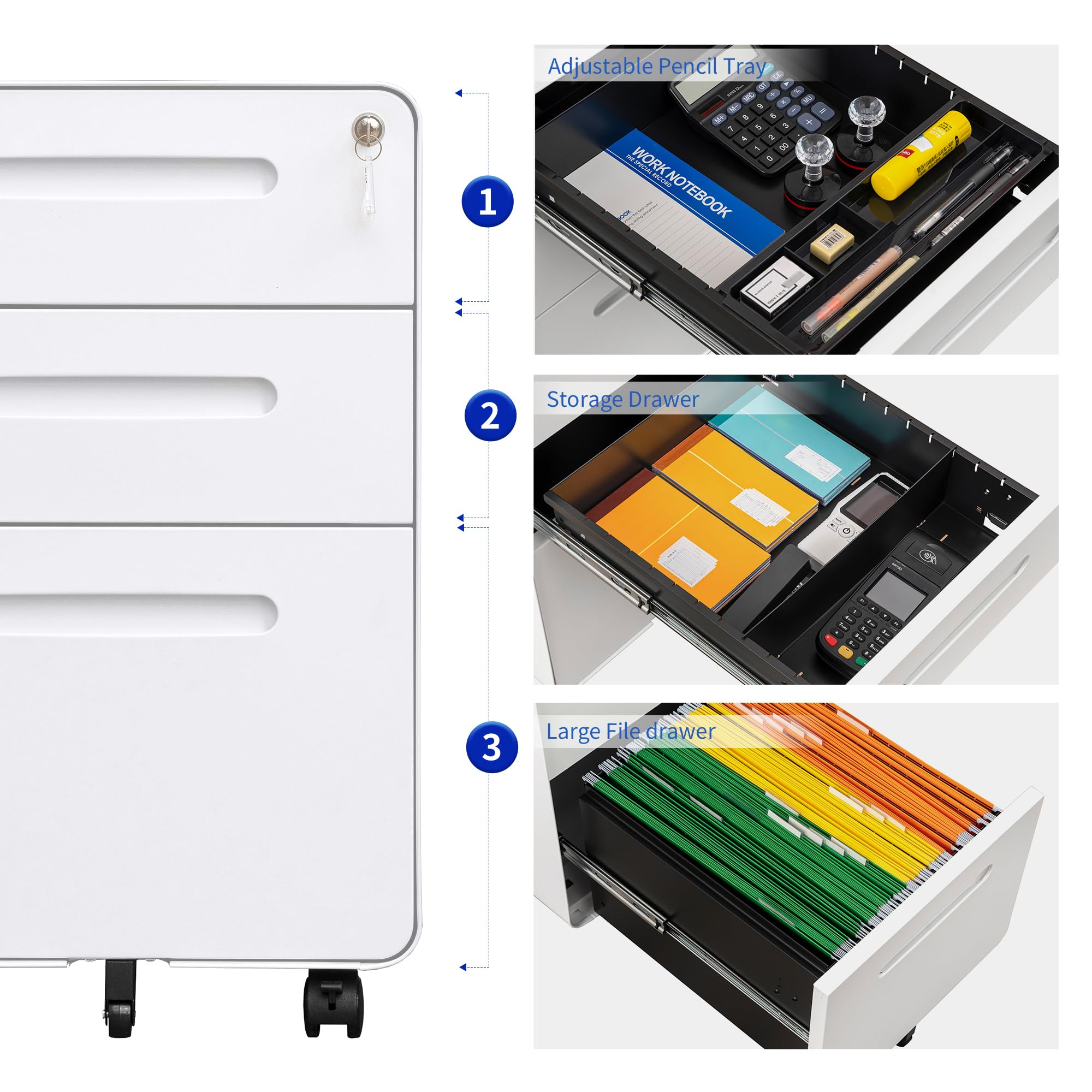 3-Drawer Mobile File Cabinet with Lock - Under Desk Metal Filing Cabinet for Home & Office - Fits Legal, Letter & A4 Files - Fully Assembled (Except Wheels) - White - Perfect for Small Spaces & Organization