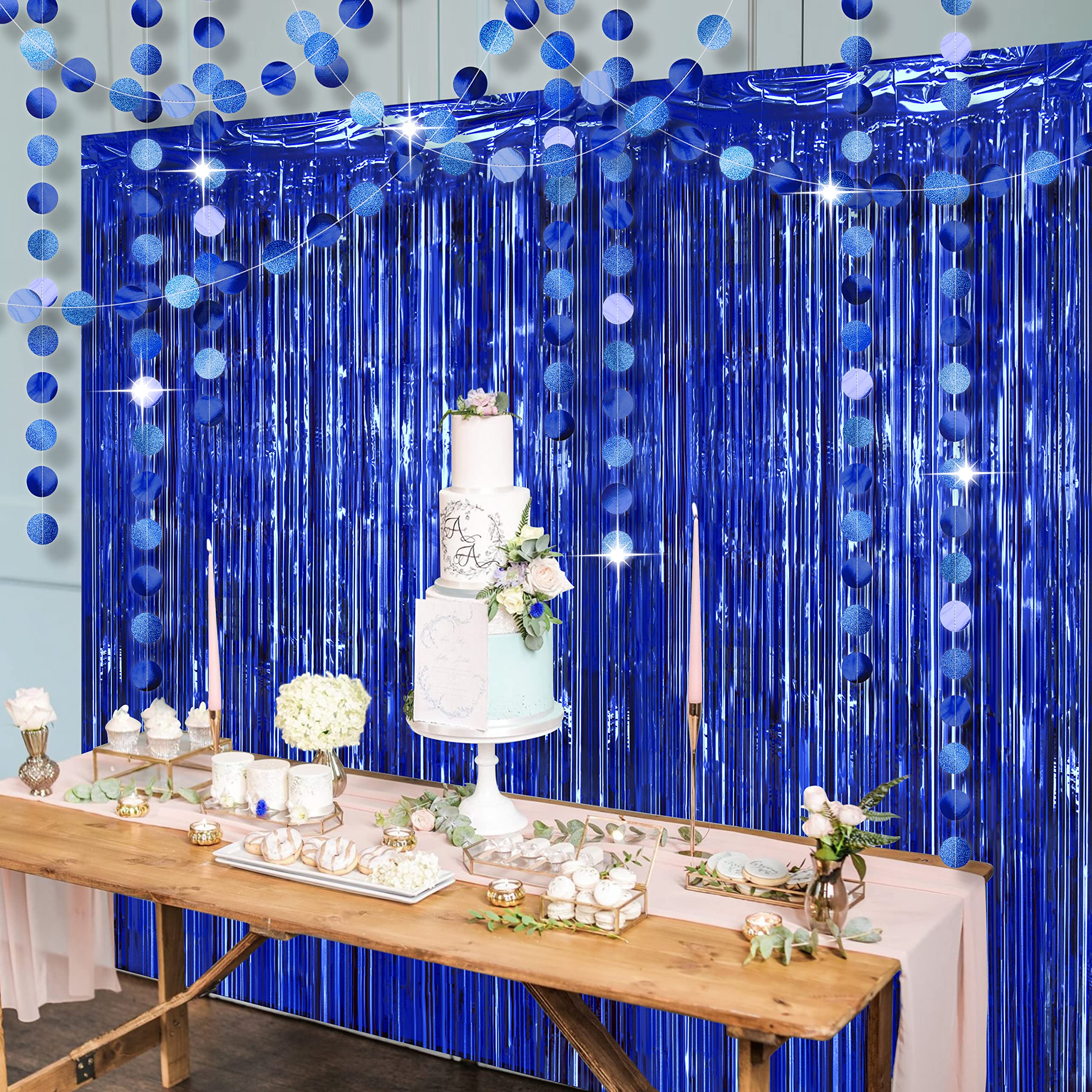 Blue Fringe Curtains & Circle Garlands - Boho Party Decorations for Wedding, Graduation, Bridal Shower, Bachelorette, Ramadan & Birthday | Backdrop Streamers & Banner for Indoor/Outdoor Events