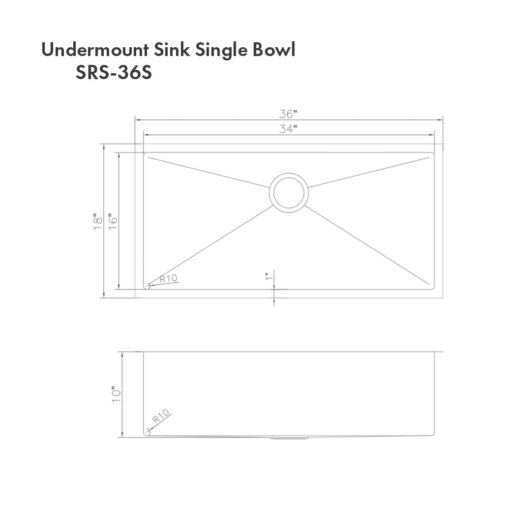 ZLINE 36 Inch Meribel Undermount Single Bowl Kitchen Sink - Satin Stainless Steel with Bottom Grid (SRS 36S) | Perfect for Modern Farmhouse & Commercial Kitchens