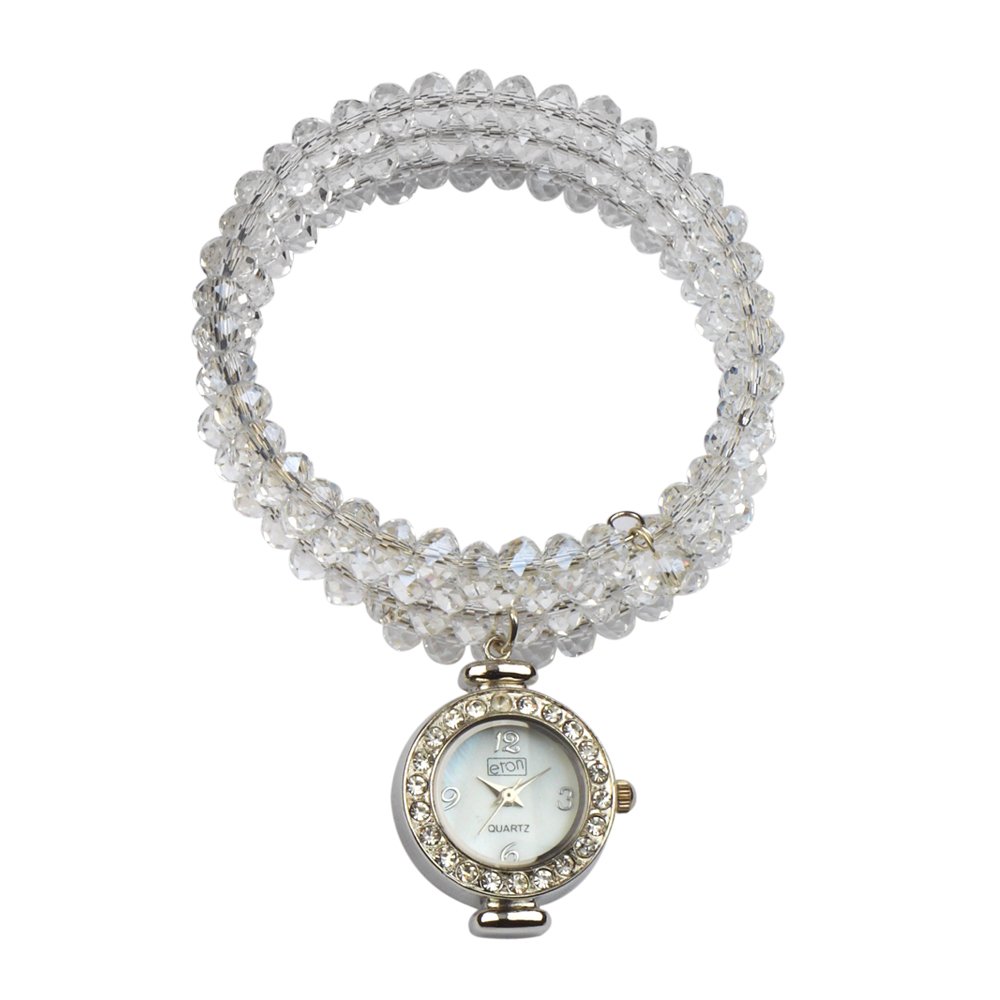 Eton Charm Watch with Wrap Over Bead Bracelet - Clear Crystal Beads Women's Fashion Watch for Everyday Wear & Special Occasions