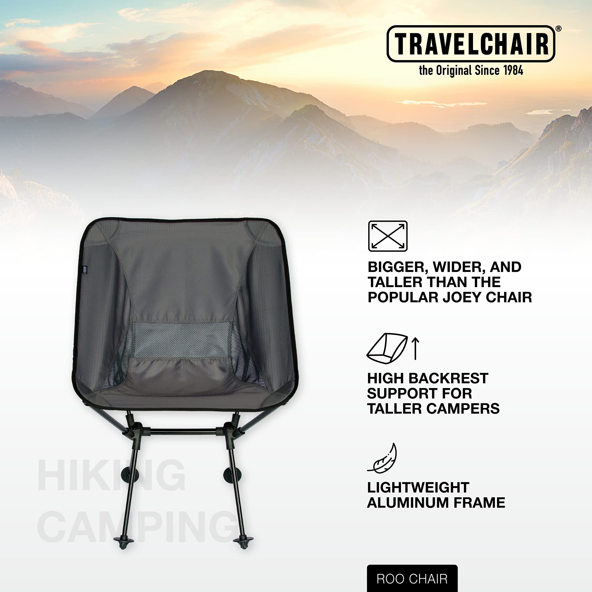 TravelChair Roo Wide & High Back Camping Chair - Heavy Duty Portable Folding Outdoor Chair for Camping, Beach, Picnics, Backpacking & Tailgating - Comfortable Black Camp Chair with Cup Holder