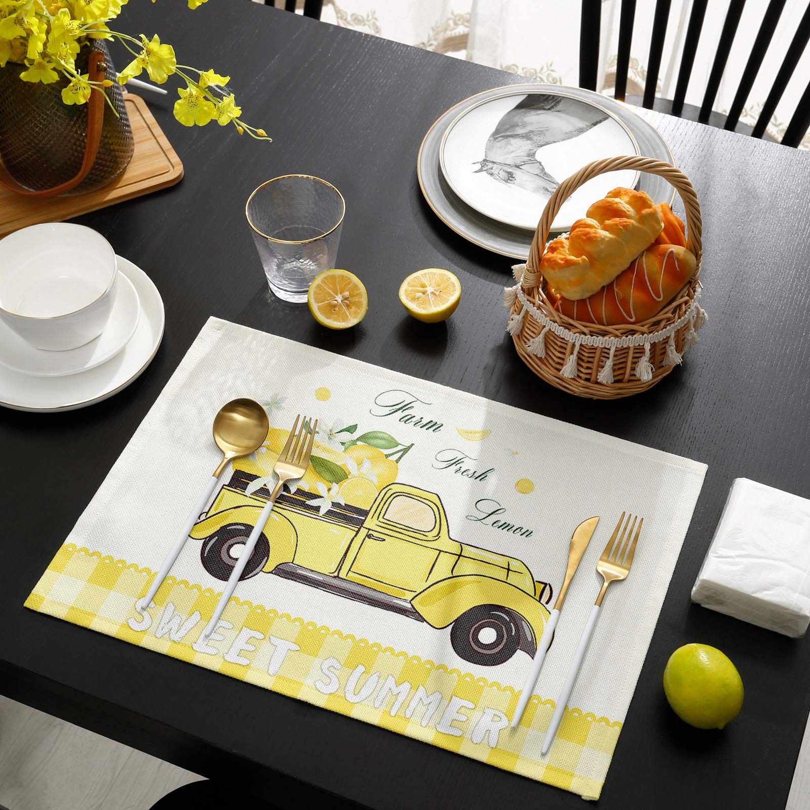 Round Non-Slip Heat Resistant Placemats Set of 4 - Tropical Lemon Truck Plaid Design, Washable Kitchen Table Mats for Dining Room, Summer Yellow Lattice Pattern - Perfect for Family Meals, Indoor Picnics & Home Decor (Kids/Women/Men)