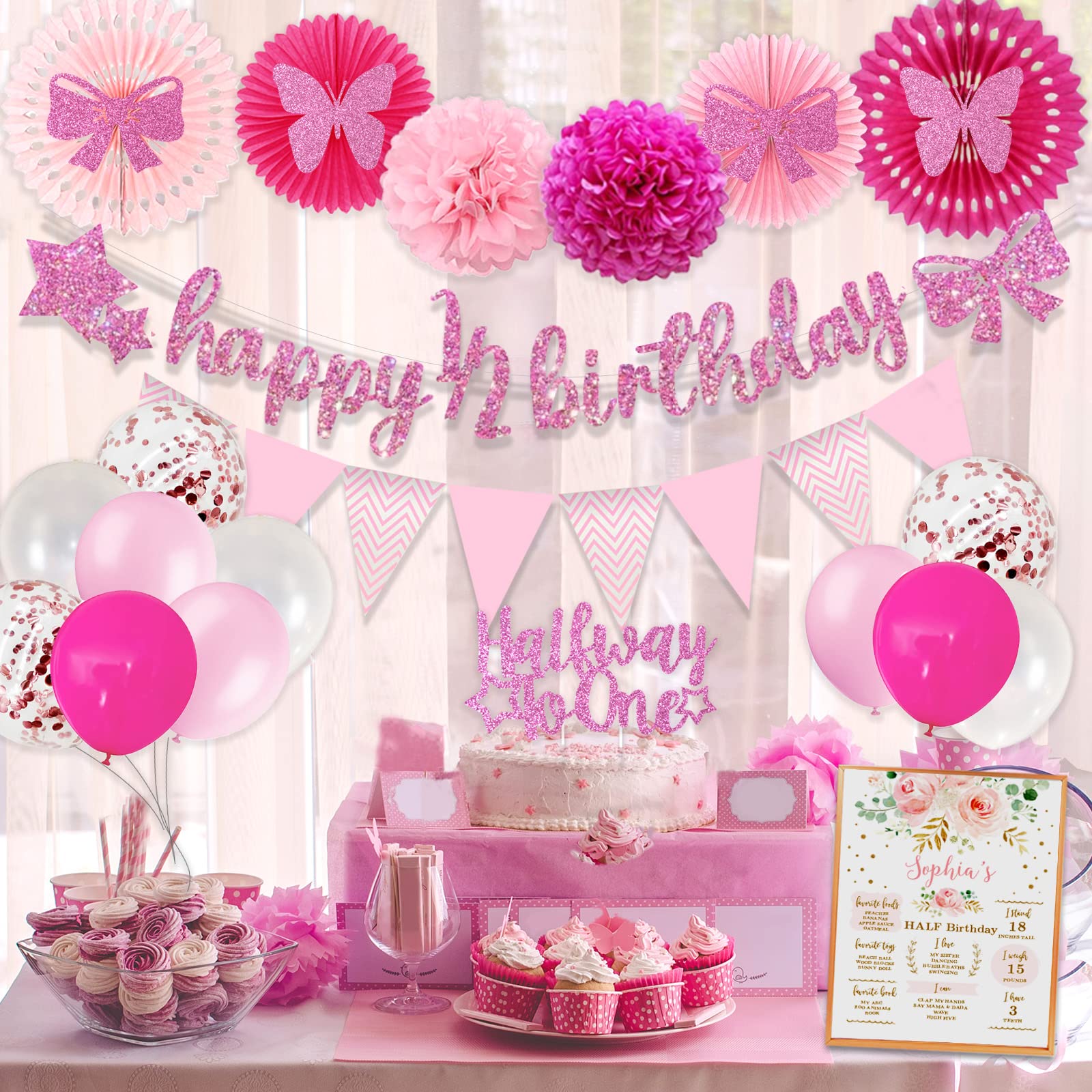 Pink Rose Gold Glitter Half Birthday Banner & Triangle Flag Decorations for Baby Girl - 6 Months & 12 Months Birthday Party Supplies, Includes Birthday Hat - Perfect for First Half Birthday Celebrations, Photo Backdrops & Milestone Parties