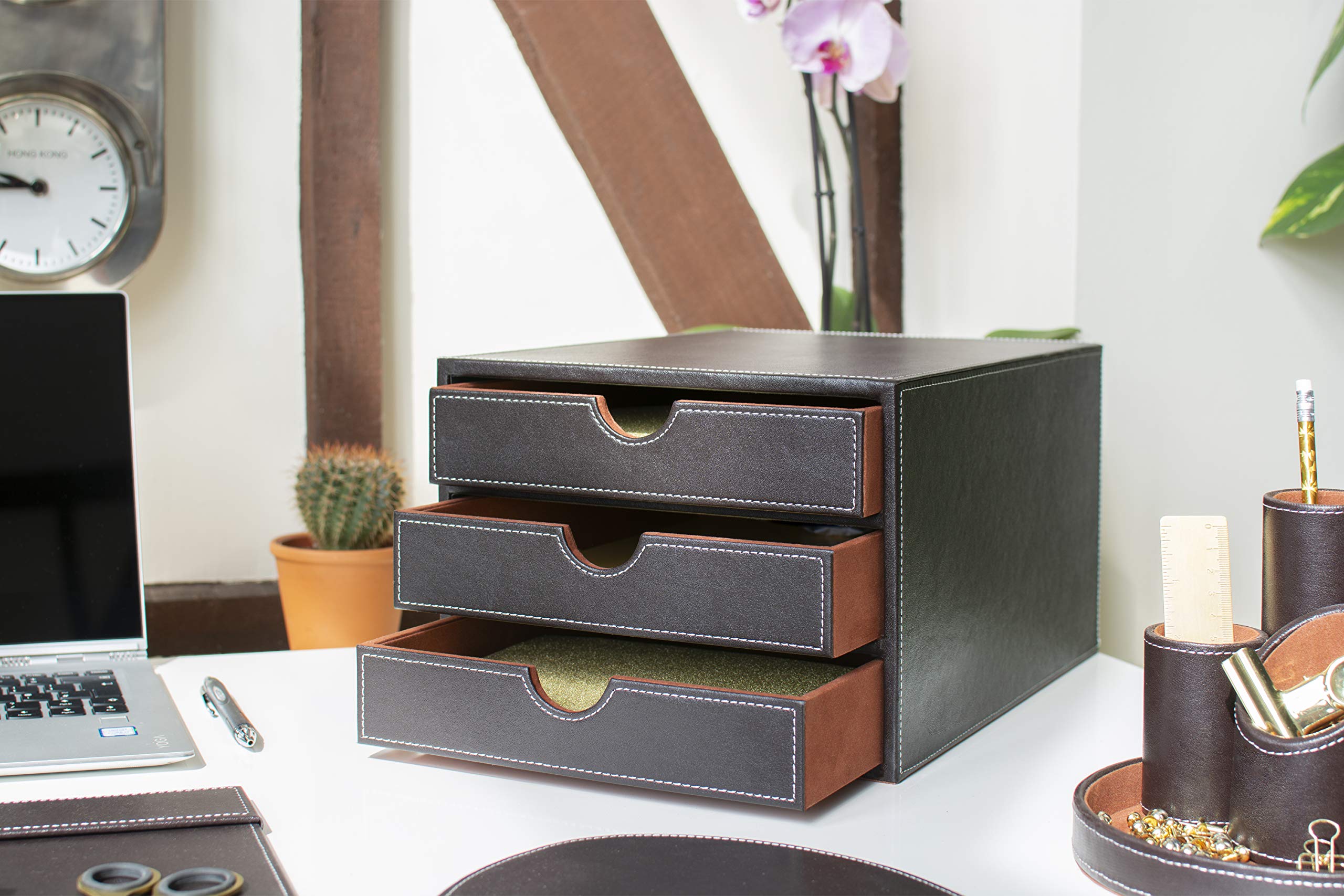 BPU3TPSP 3-Tier Faux Leather Drawer Organizer - Brown for Home Office, Bedroom, and Closet Storage