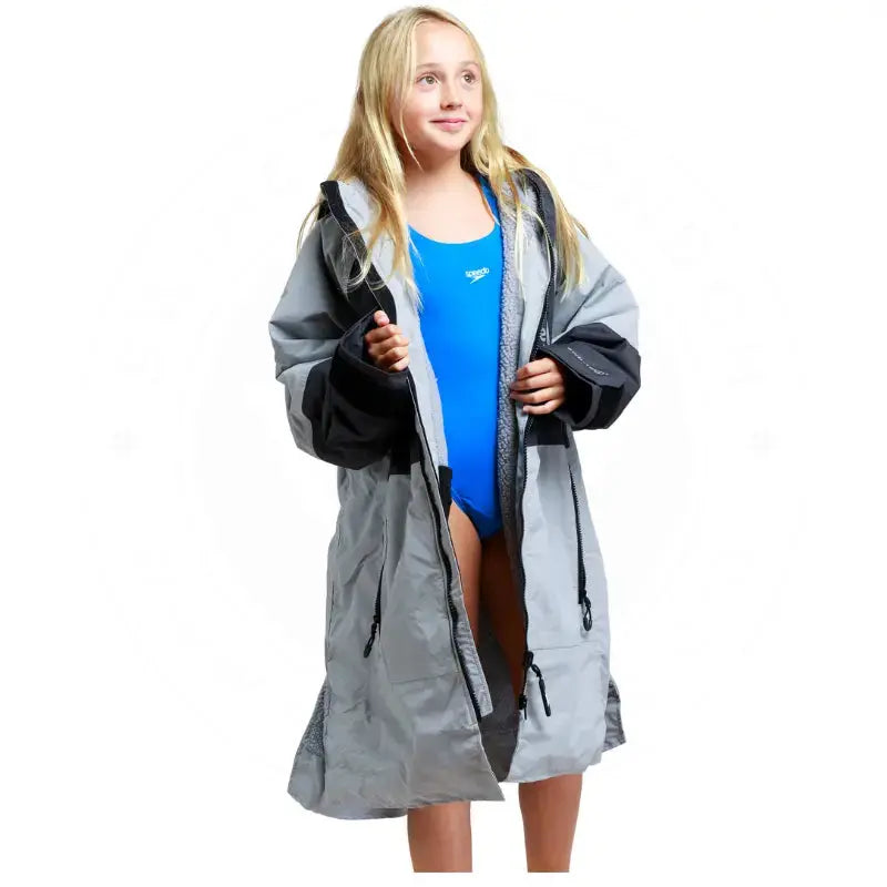 Kids Unisex Hard Shell Swimming Robe - Steel Grey Waterproof Pool Cover-Up for Beach, Swimming Lessons & Family Outings