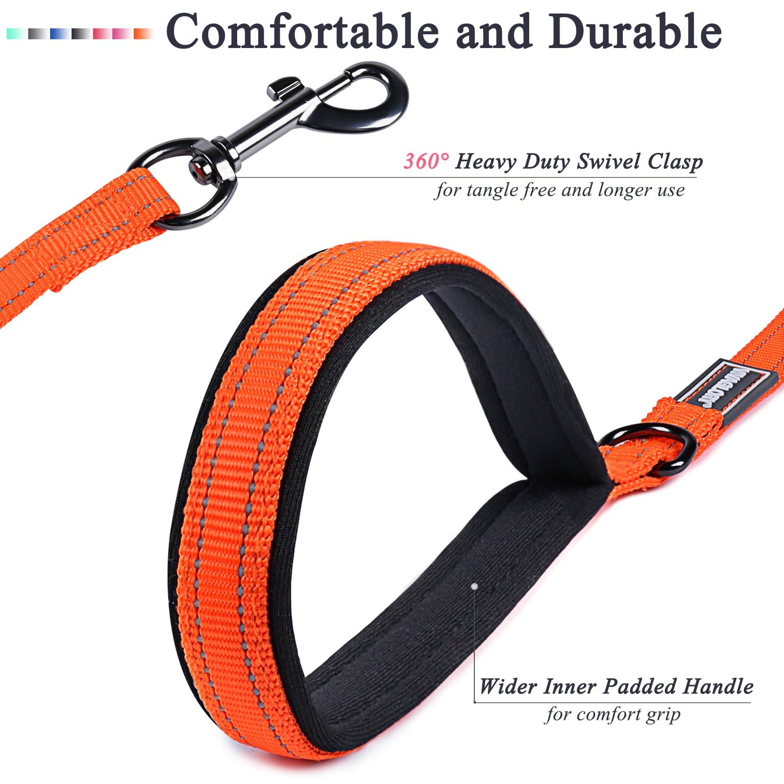 VIVAGLORY Heavy Duty Reflective Dog Leash with Dual Padded Handles - Strong Metal Hook Training Lead for Large Dogs - Orange - Perfect for Walking, Running & Nighttime Safety