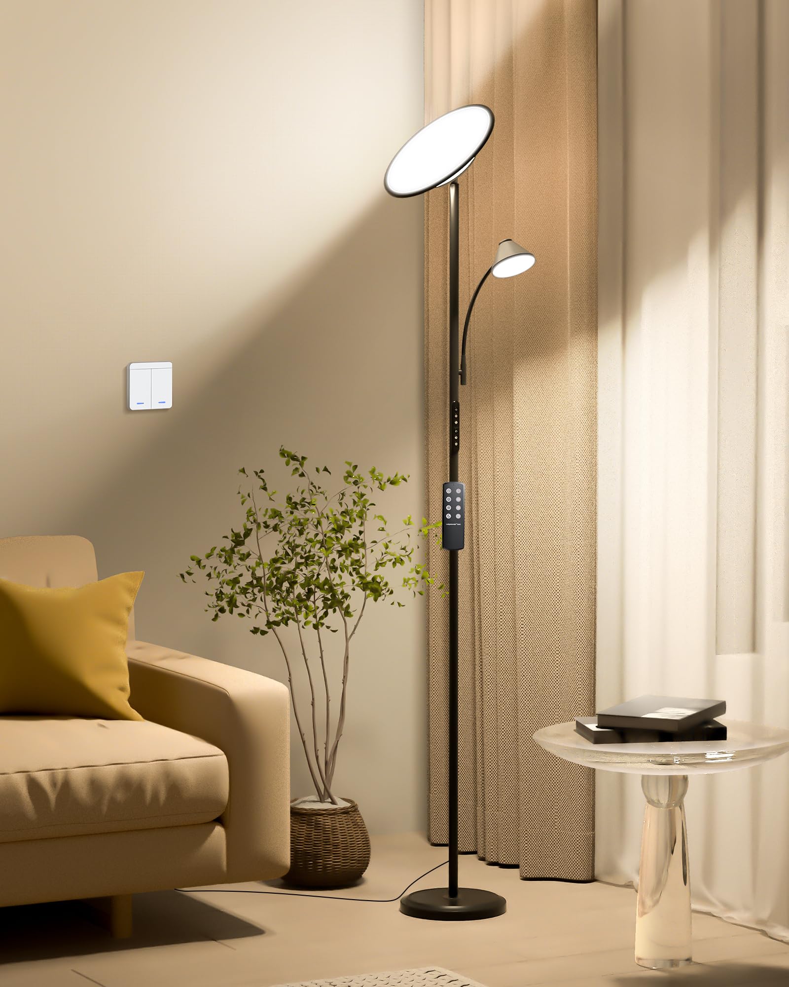 Bright LED Floor Lamp with Remote & Wall Switch - 60 Lighting Effects, Adjustable Torchiere Standing Lamp for Living Room, Bedroom, Office - Perfect for Reading, Relaxing & Ambient Lighting