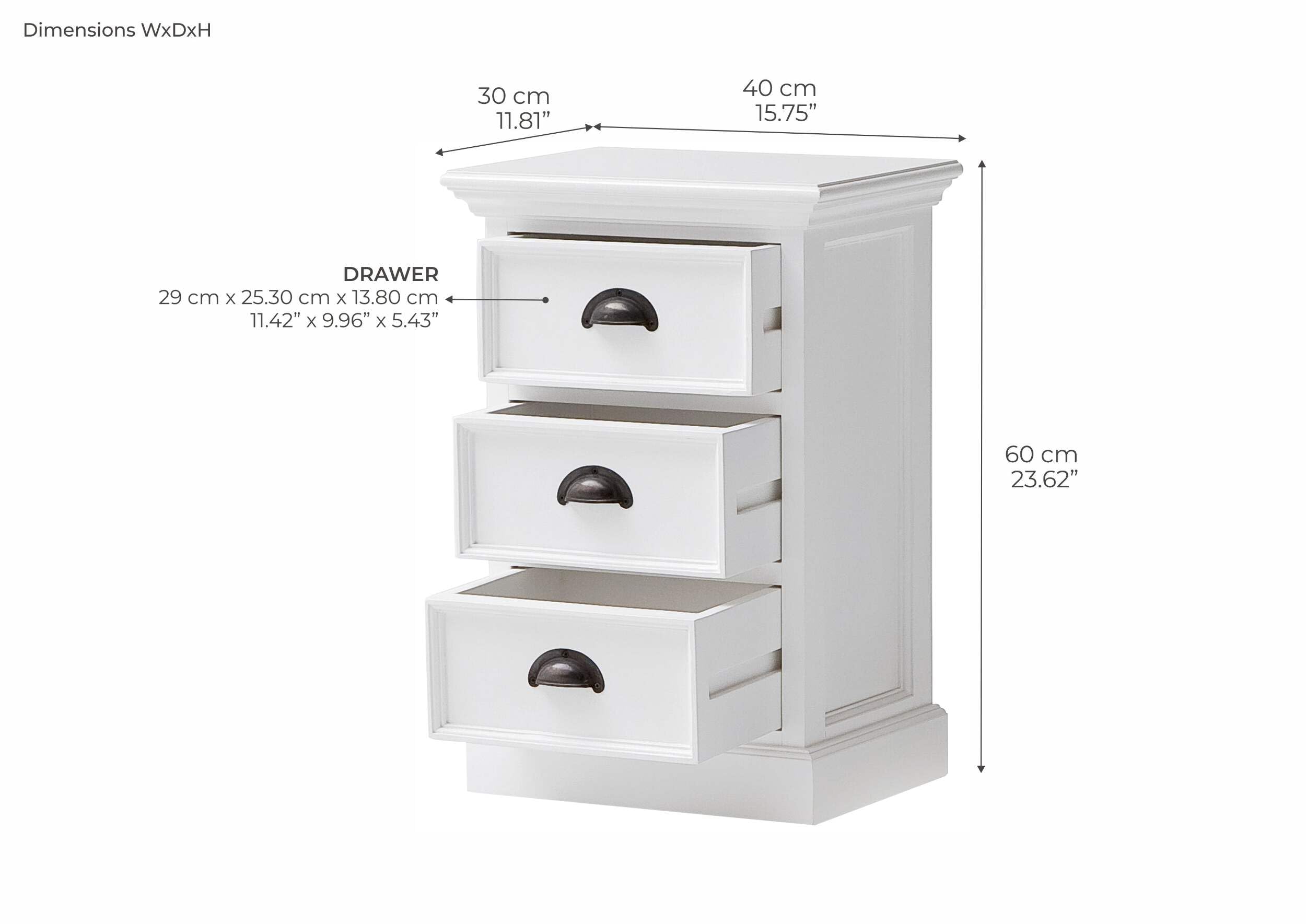 NovaSolo Halifax Pure White Mahogany Wood Nightstand with 3 Drawers - Bedside Table, End Table for Bedroom, Living Room & Office Furniture