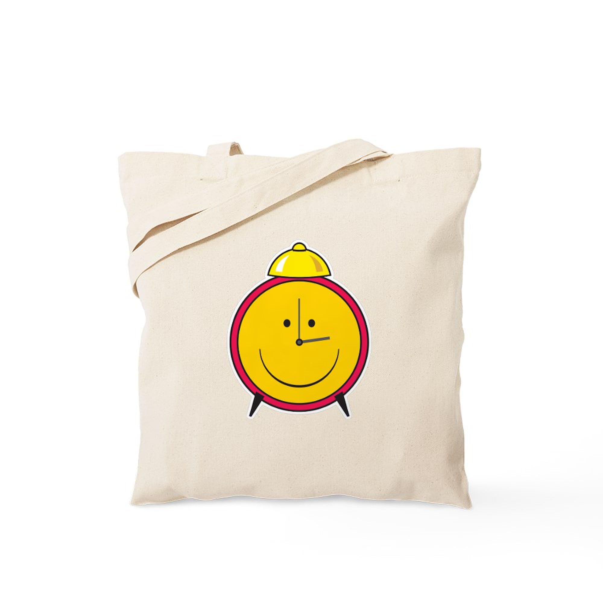 Smiley Face Alarm Clock Tote Bag - Natural Canvas Reusable Shopping Bag for Groceries, Beach & Daily Use | Eco-Friendly Cotton Tote with Unique Design