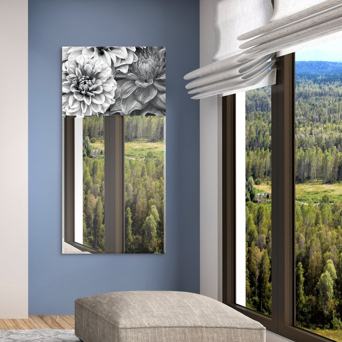 Blossoms Rectangular Beveled Mirror - Free Floating Printed Tempered Glass Wall Mirror, 24 x 48 Inches, Clear - Perfect for Bedroom, Bathroom, or Entryway Decor