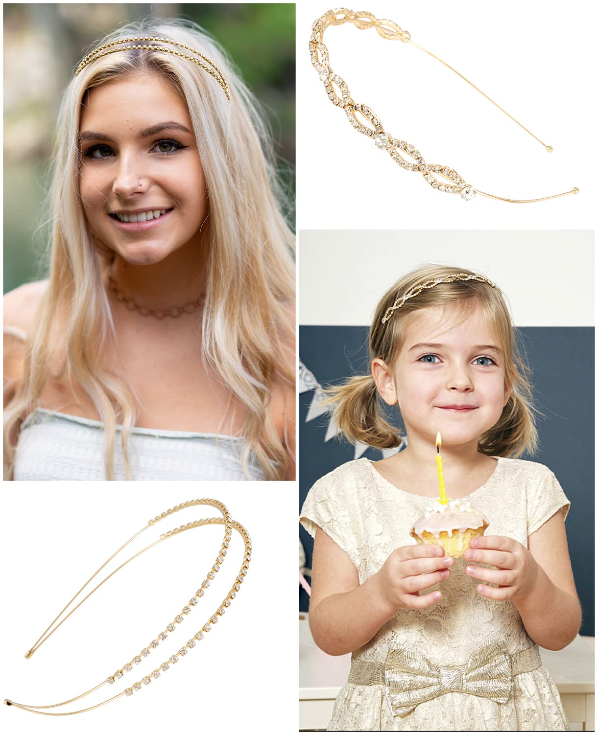 Wecoe 4 Pack Rhinestone Headbands for Women - Gold Metal Wedding Headpieces with Crystal Flower Leaf Butterfly Design - Elegant Bridal Hair Accessories for Girls, Flower Girl, Halloween & Formal Events